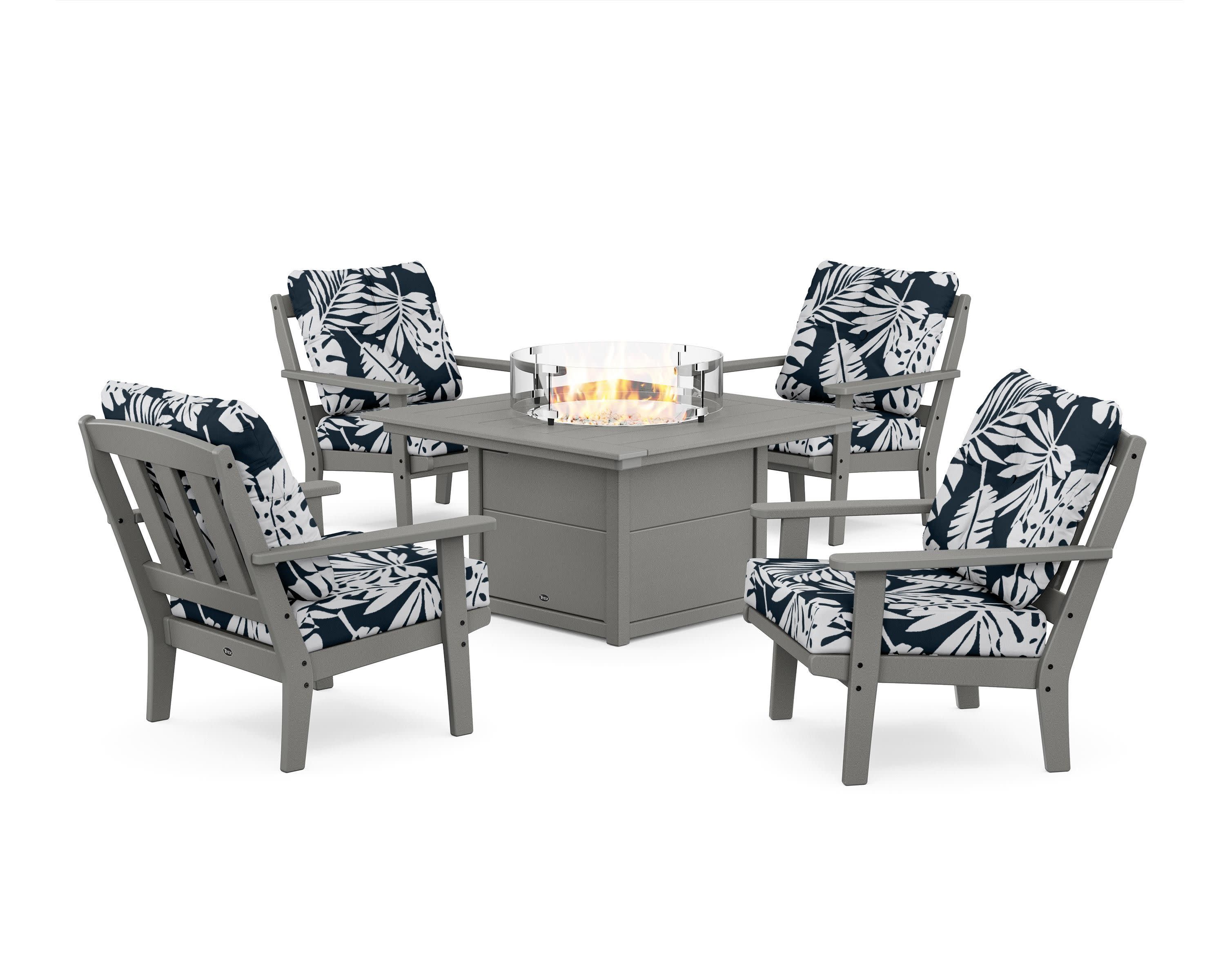 Cape Cod 5-Piece Deep Seating Set with Fire Pit Table in Stepping Stone / Leaf Marine Indigo