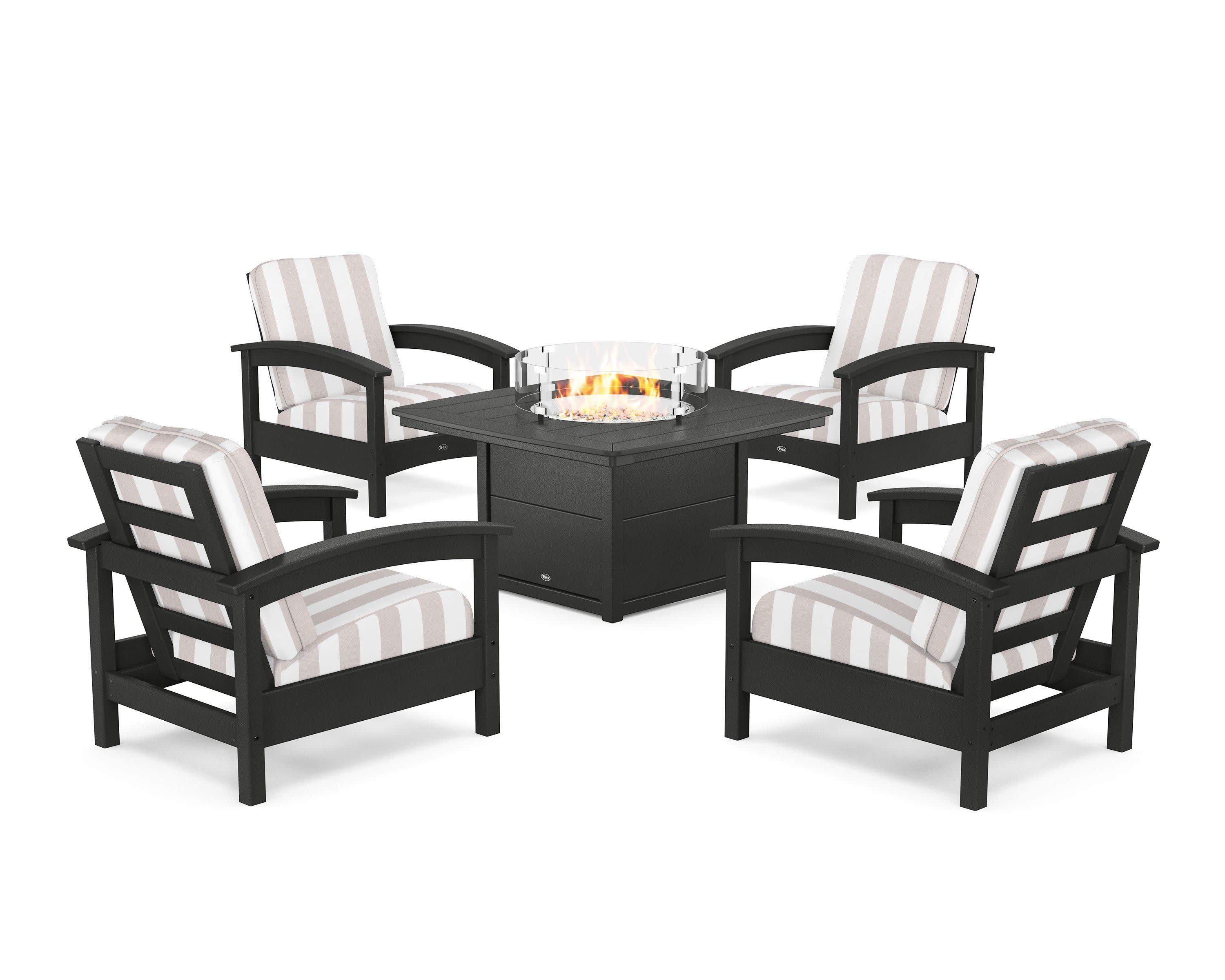Rockport 5-Piece Deep Seating Set with Yacht Club Fire Pit Table in Charcoal Black / Cabana Stripe Dune Burlap