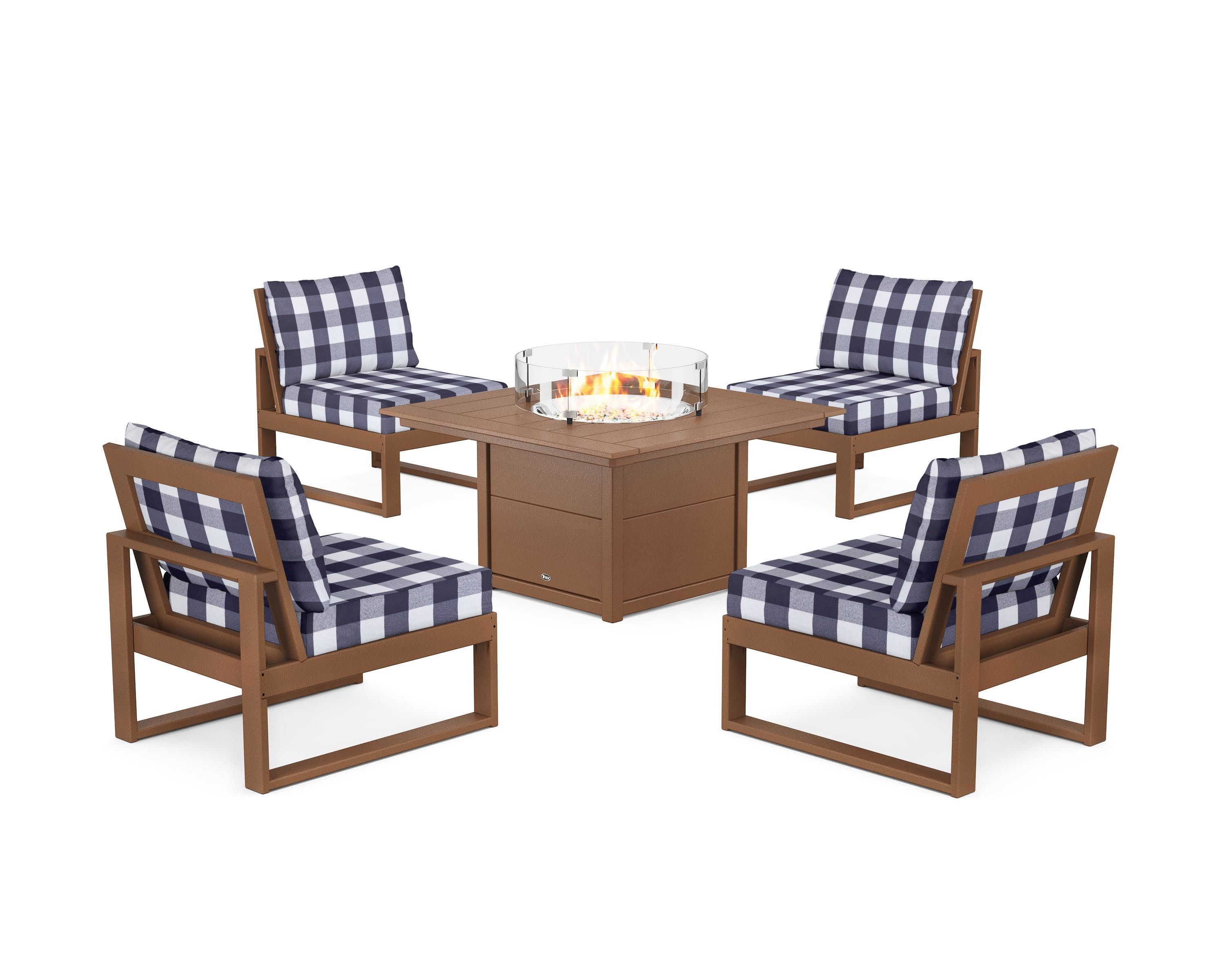 Eastport Modular 5-Piece Deep Seating Set with Square Fire Pit Table in Tree House / Buffalo Plaid Navy