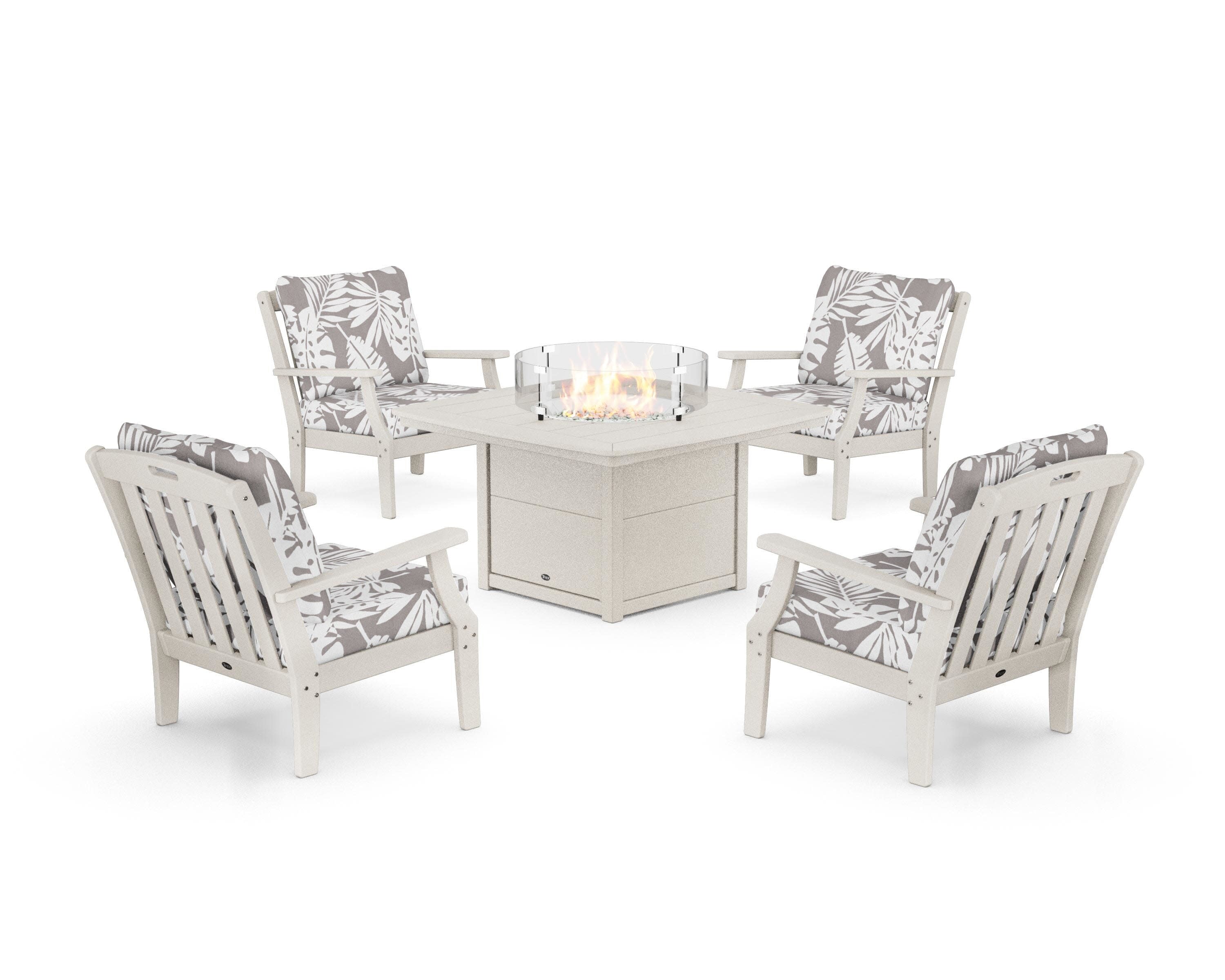 Yacht Club 5-Piece Deep Seating Set with Fire Pit Table in Sand Castle / Leaf Grey Mist