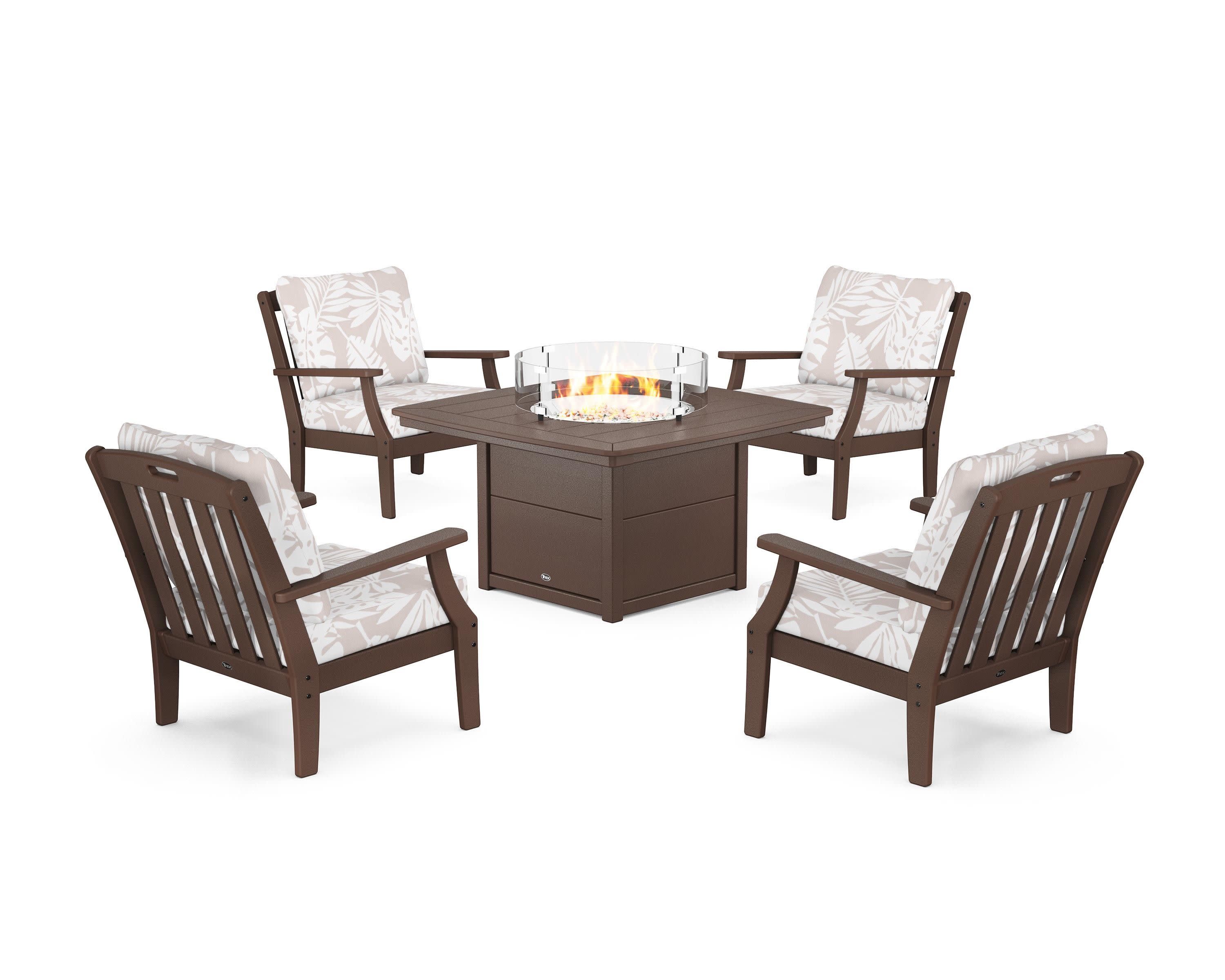 Yacht Club 5-Piece Deep Seating Set with Fire Pit Table in Vintage Lantern / Leaf Dune Burlap