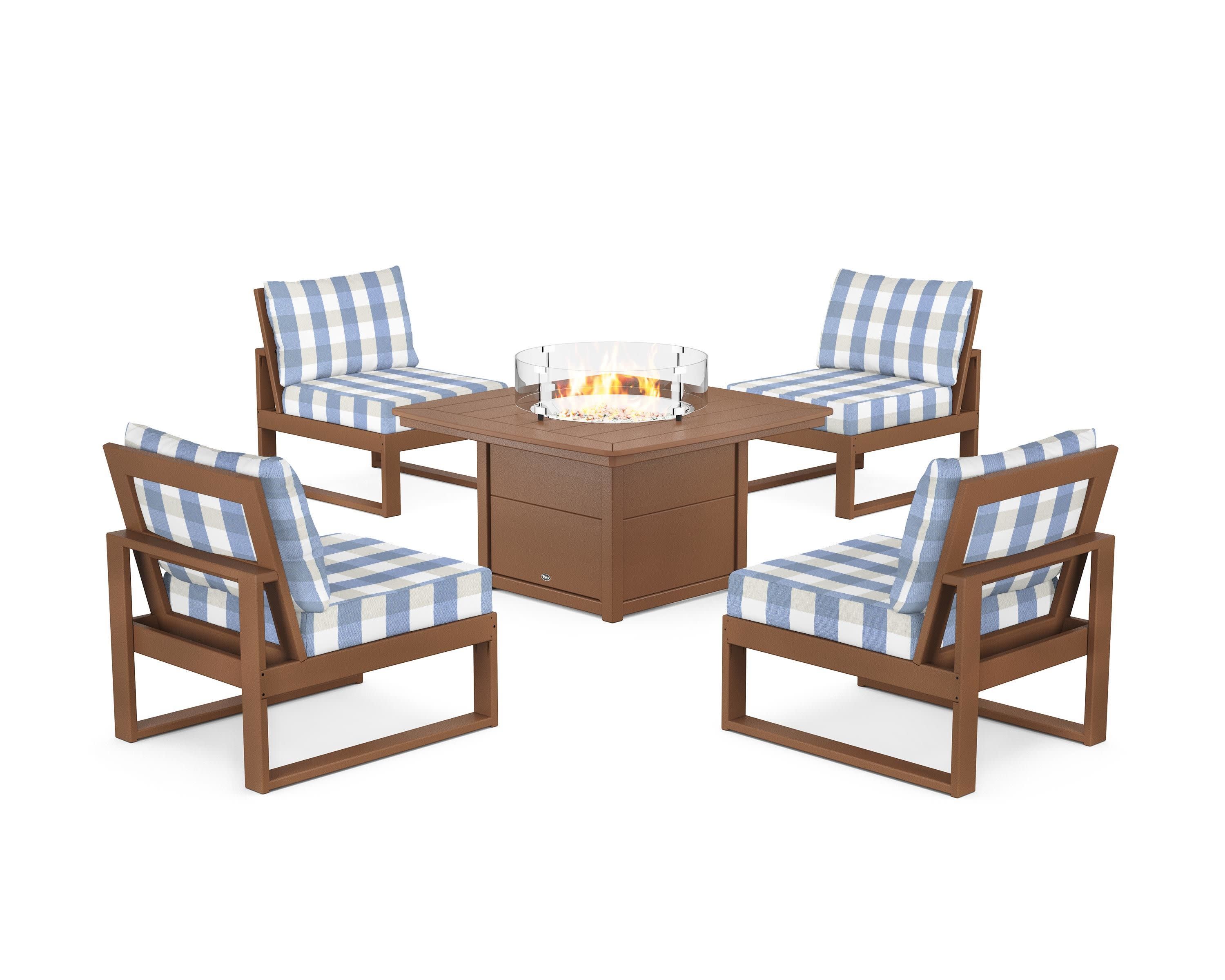 Eastport Modular 5-Piece Deep Seating Set with Yacht Club Fire Pit Table in Tree House / Buffalo Plaid Sky Blue