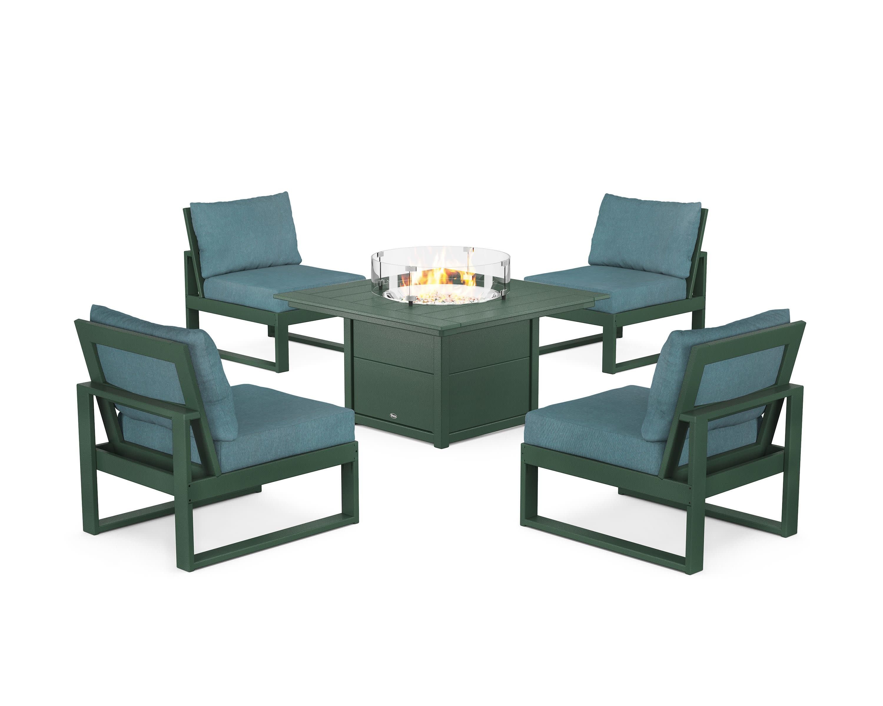 Eastport Modular 5-Piece Deep Seating Set with Square Fire Pit Table in Rainforest Canopy / Ocean Teal