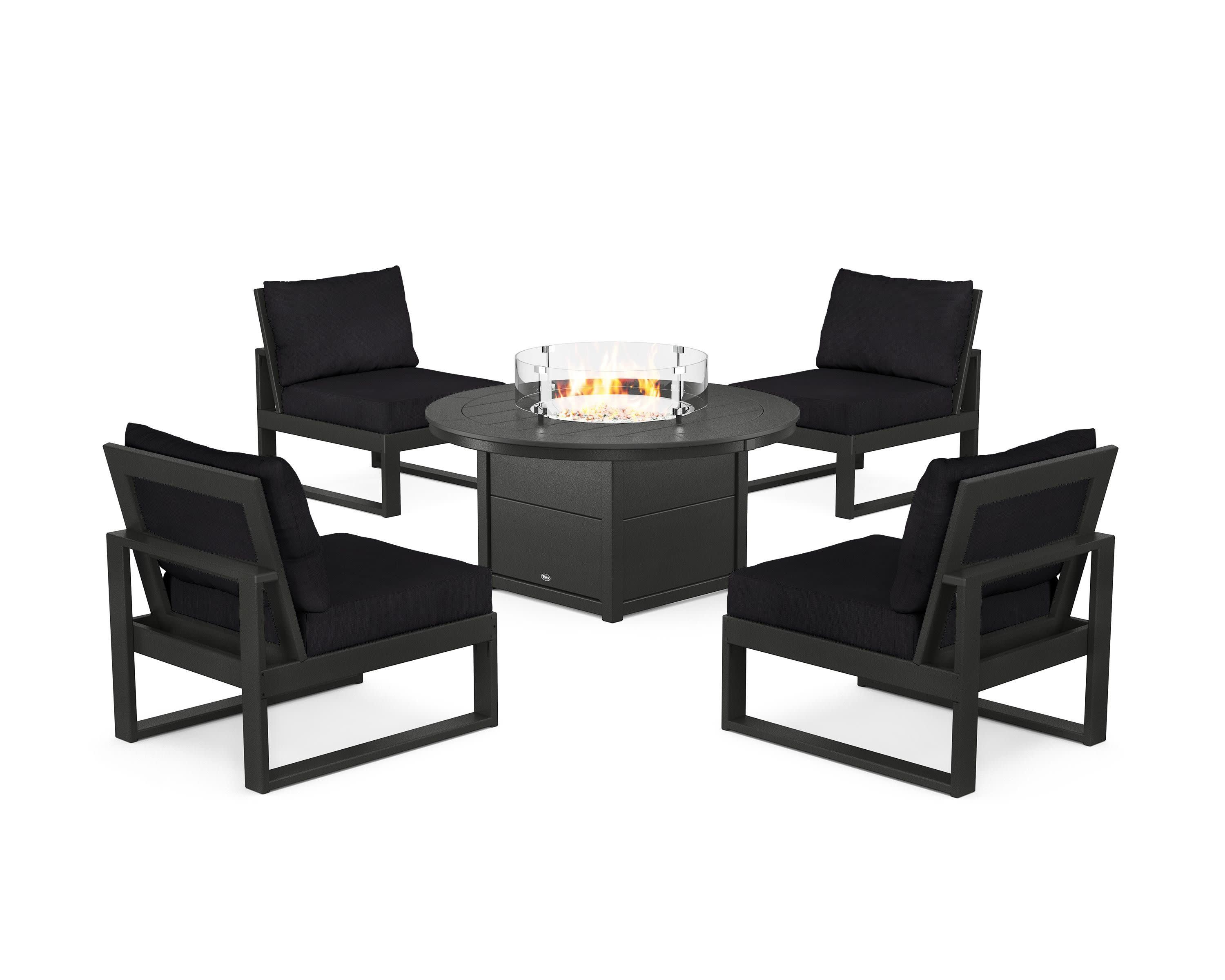Eastport Modular 5-Piece Deep Seating Set with Round Fire Pit Table in Charcoal Black / Midnight Linen