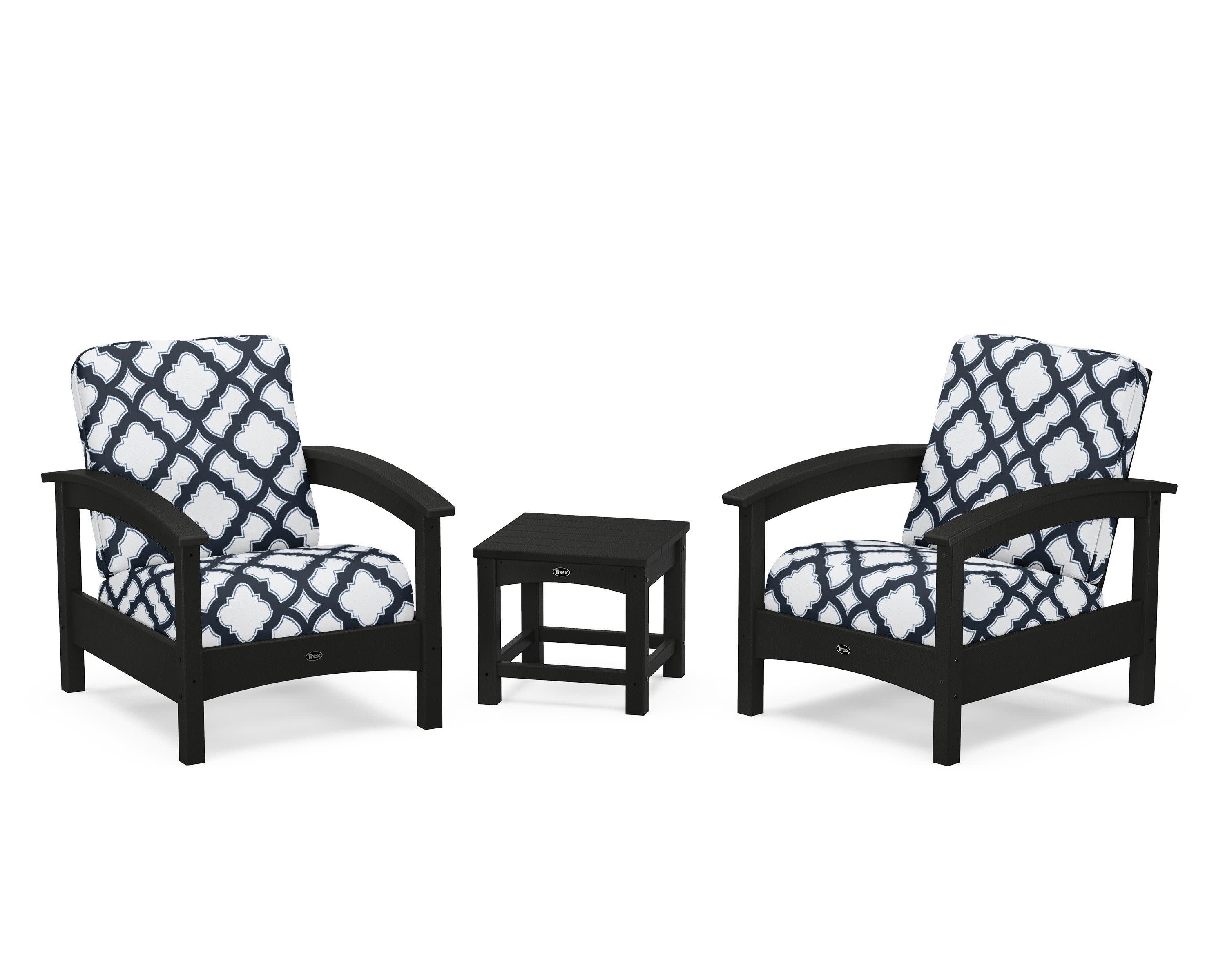 Rockport Club 3-Piece Deep Seating Conversation Set in Charcoal Black / Trellis Marine Indigo