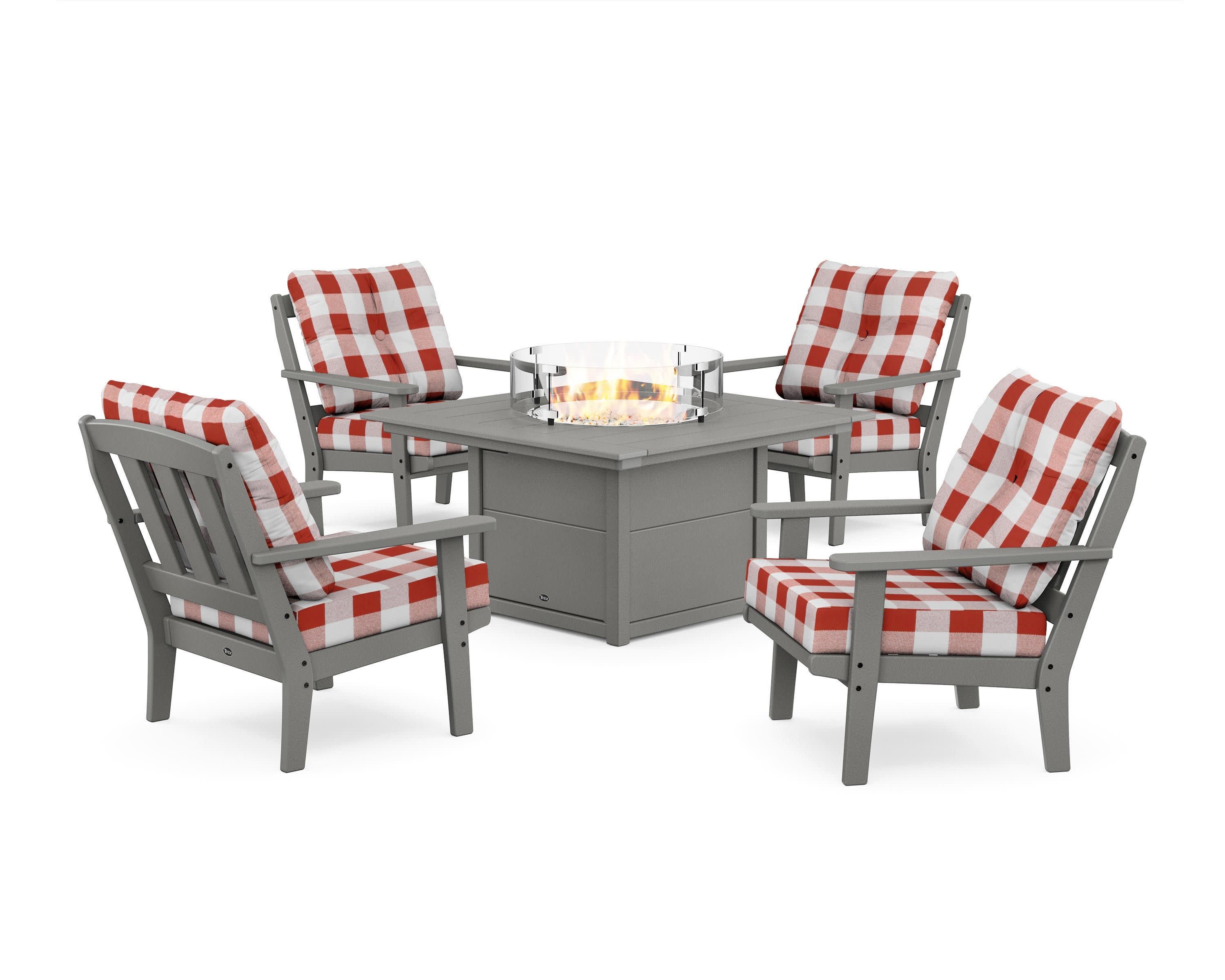 Cape Cod 5-Piece Deep Seating Set with Fire Pit Table in Stepping Stone / Buffalo Plaid Crimson