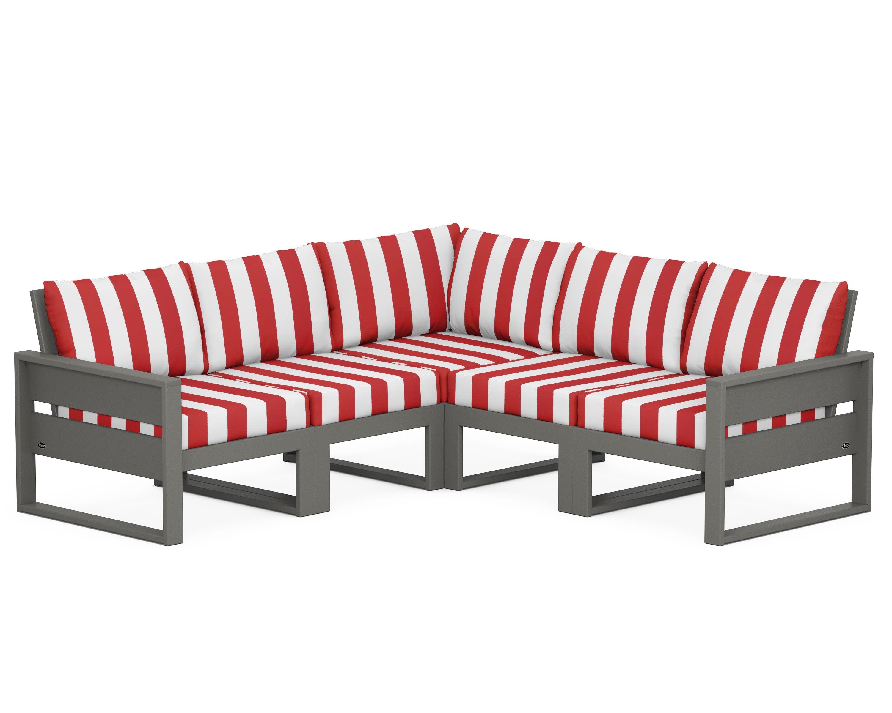 Eastport 5-Piece Sectional in Stepping Stone / Cabana Stripe Crimson
