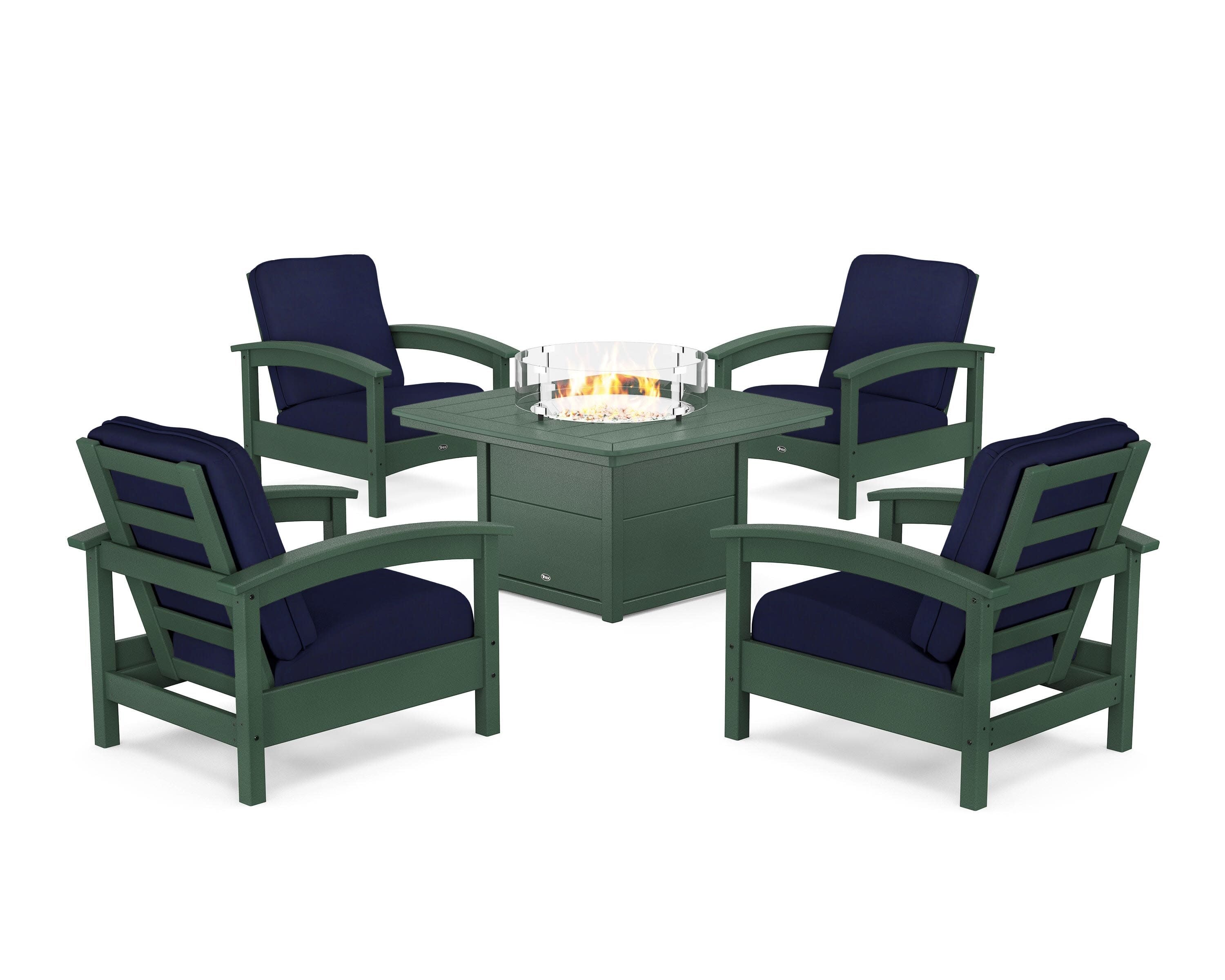 Rockport 5-Piece Deep Seating Set with Yacht Club Fire Pit Table in Rainforest Canopy / Navy