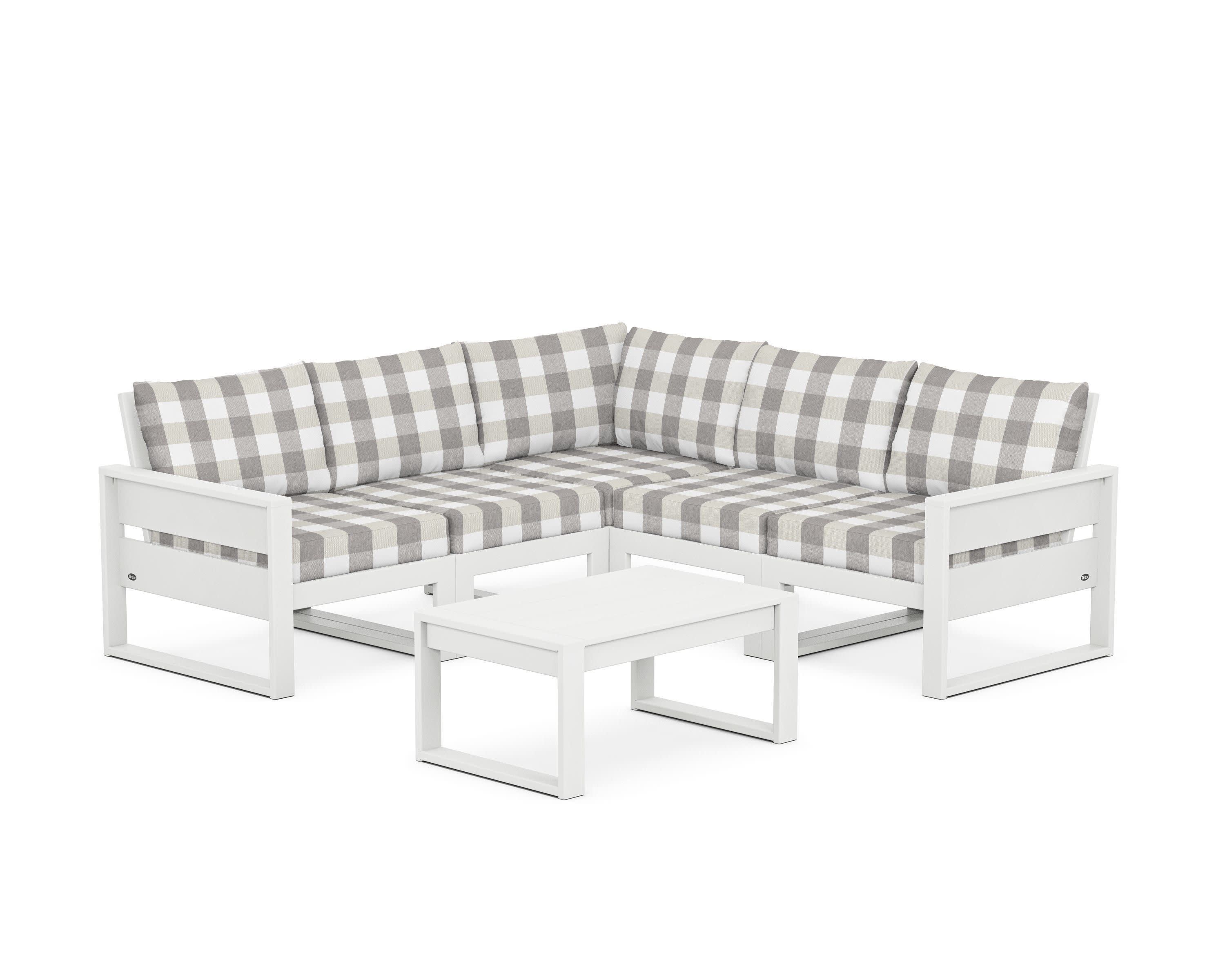 Eastport 6-Piece Deep Seating Sectional + Coffee Table Set in Classic White / Buffalo Plaid Grey Mist