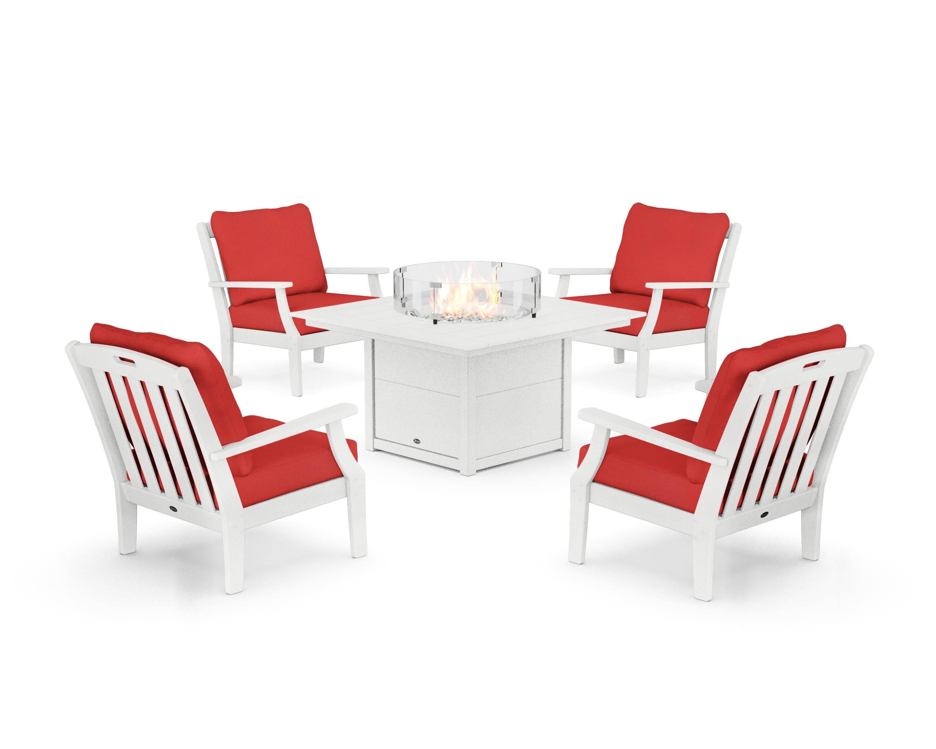 Yacht Club 5-Piece Deep Seating Set with Square Fire Pit Table in Classic White / Crimson Linen