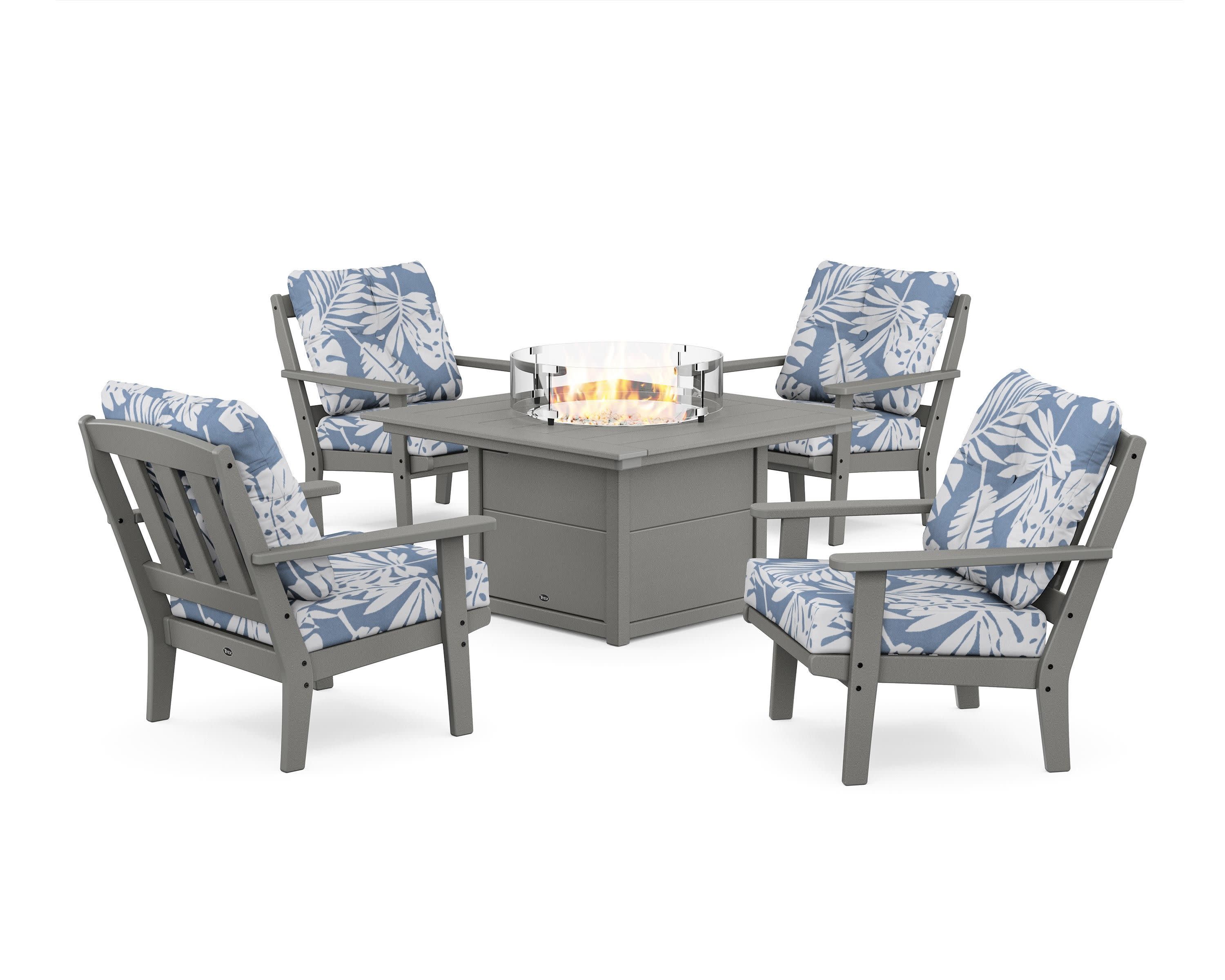 Cape Cod 5-Piece Deep Seating Set with Fire Pit Table in Stepping Stone / Leaf Sky Blue