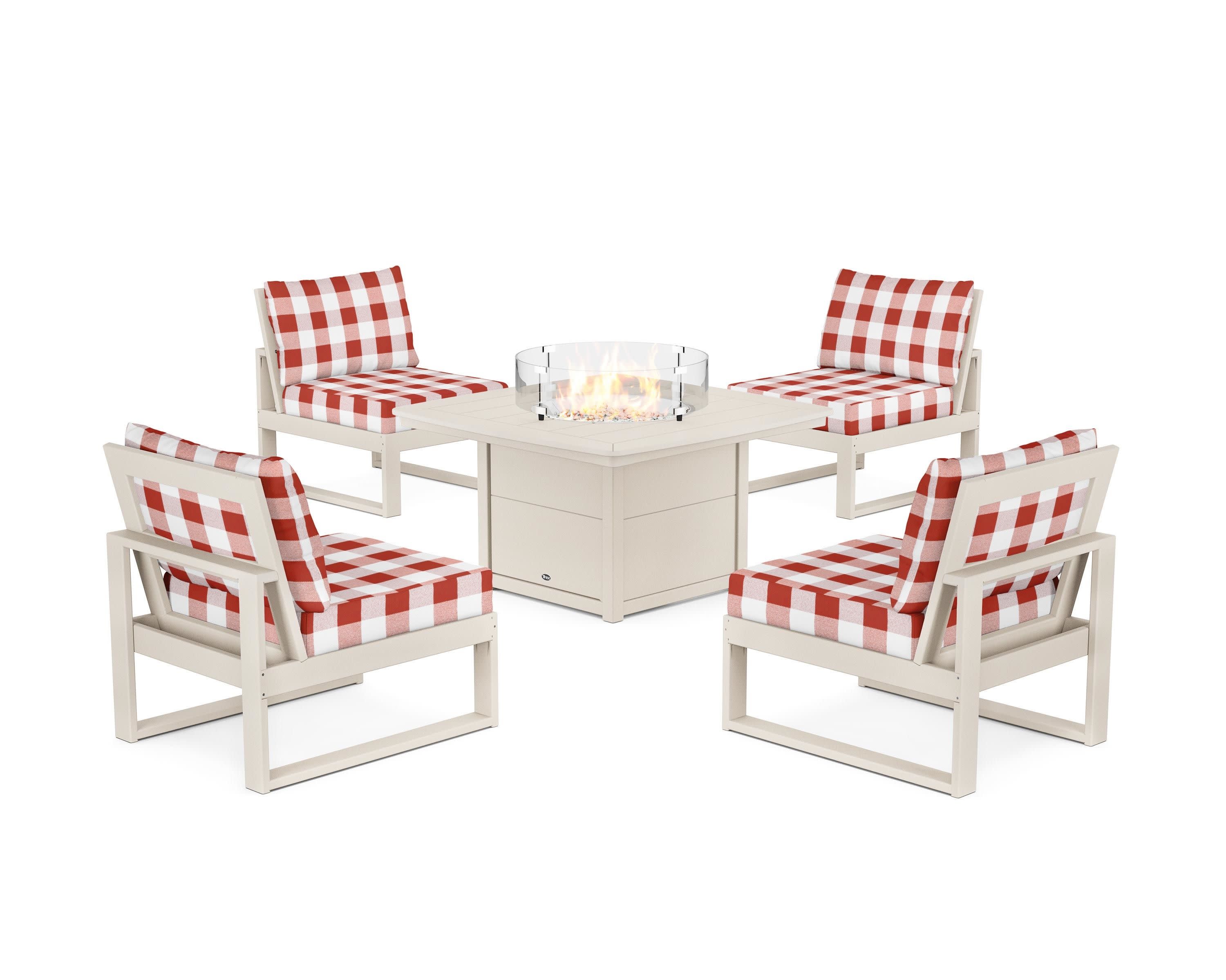 Eastport Modular 5-Piece Deep Seating Set with Yacht Club Fire Pit Table in Sand Castle / Buffalo Plaid Crimson