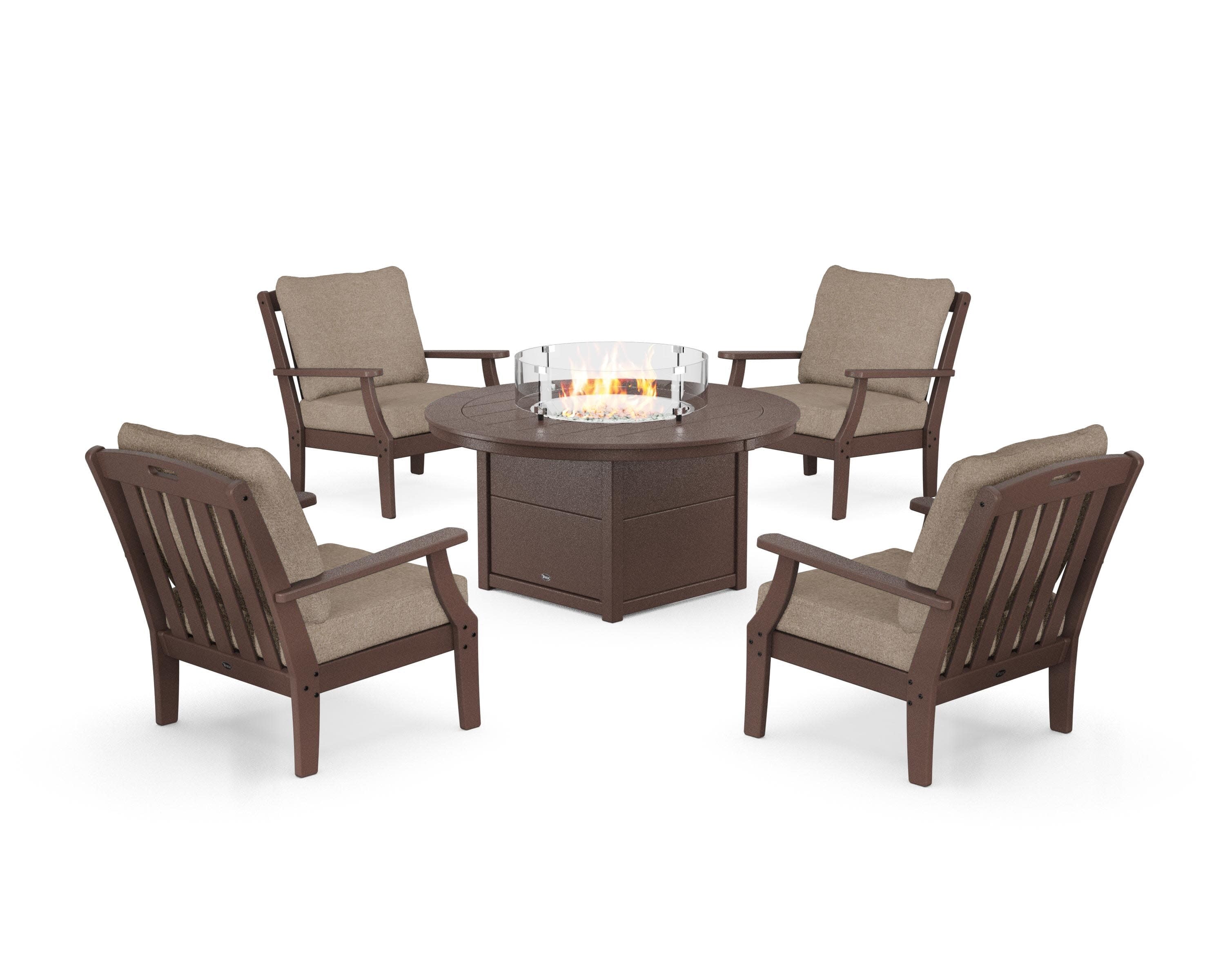 Yacht Club 5-Piece Deep Seating Set with Round Fire Pit Table in Vintage Lantern / Spiced Burlap