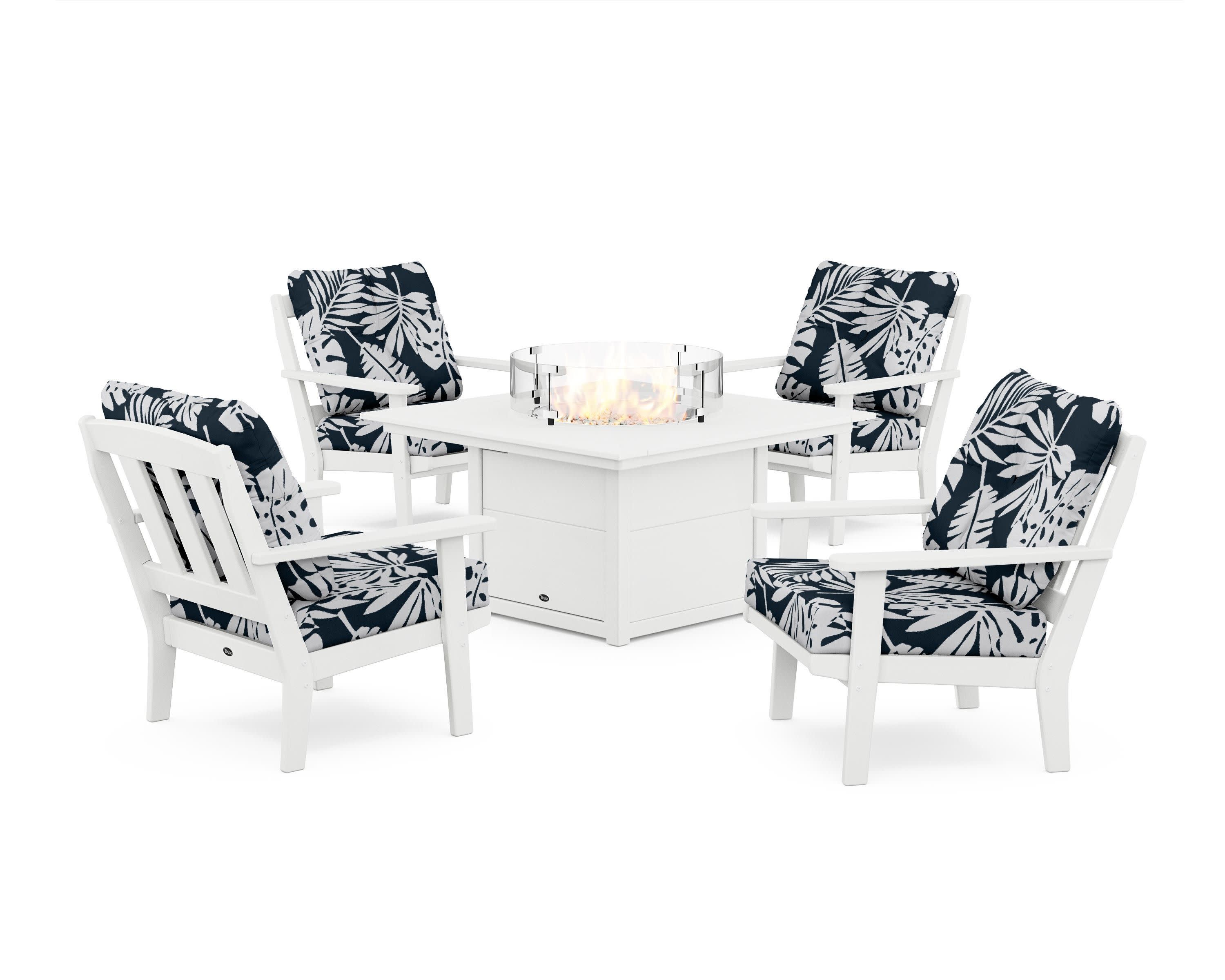 Cape Cod 5-Piece Deep Seating Set with Fire Pit Table in Classic White / Leaf Marine Indigo