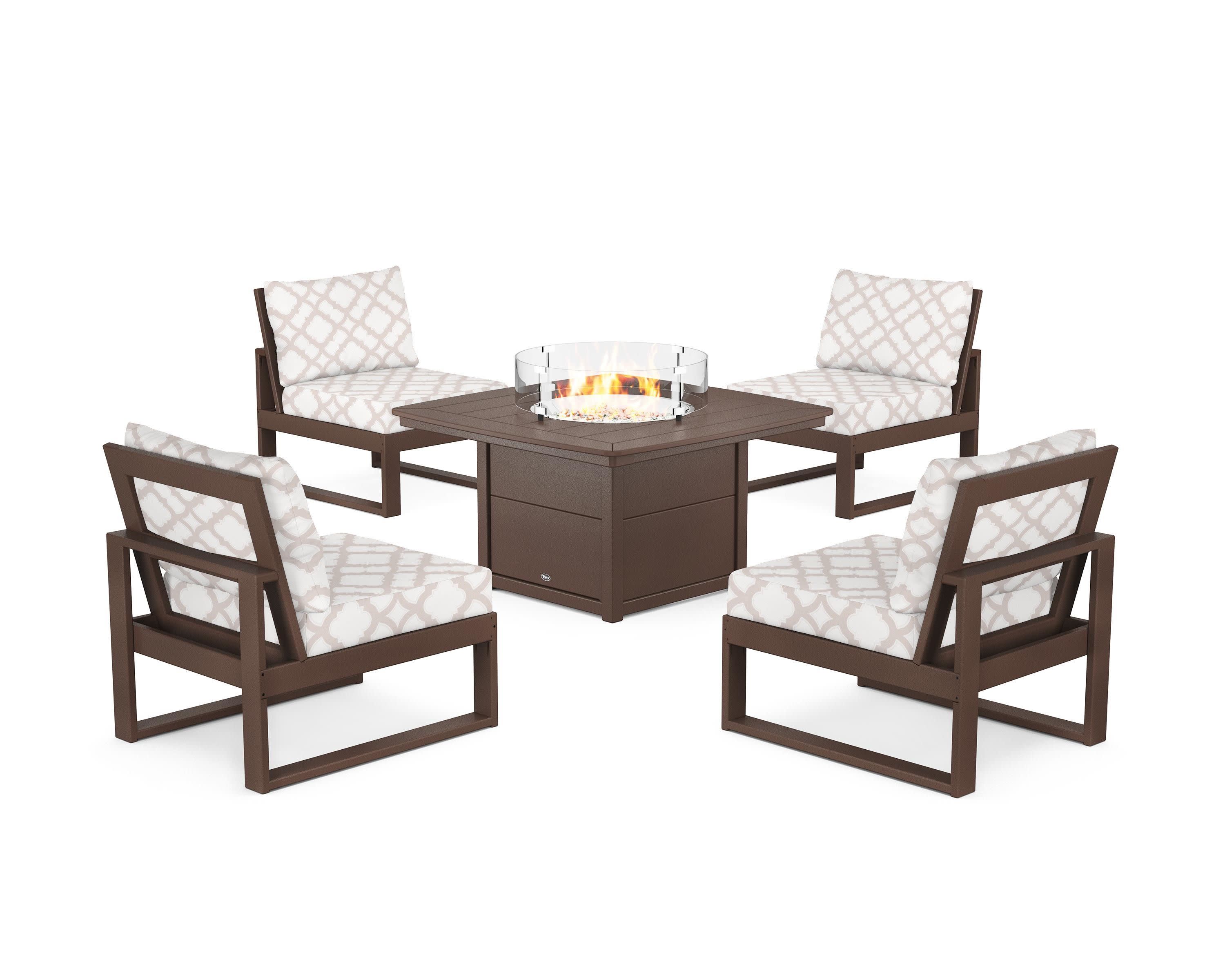 Eastport Modular 5-Piece Deep Seating Set with Yacht Club Fire Pit Table in Vintage Lantern / Trellis Dune Burlap