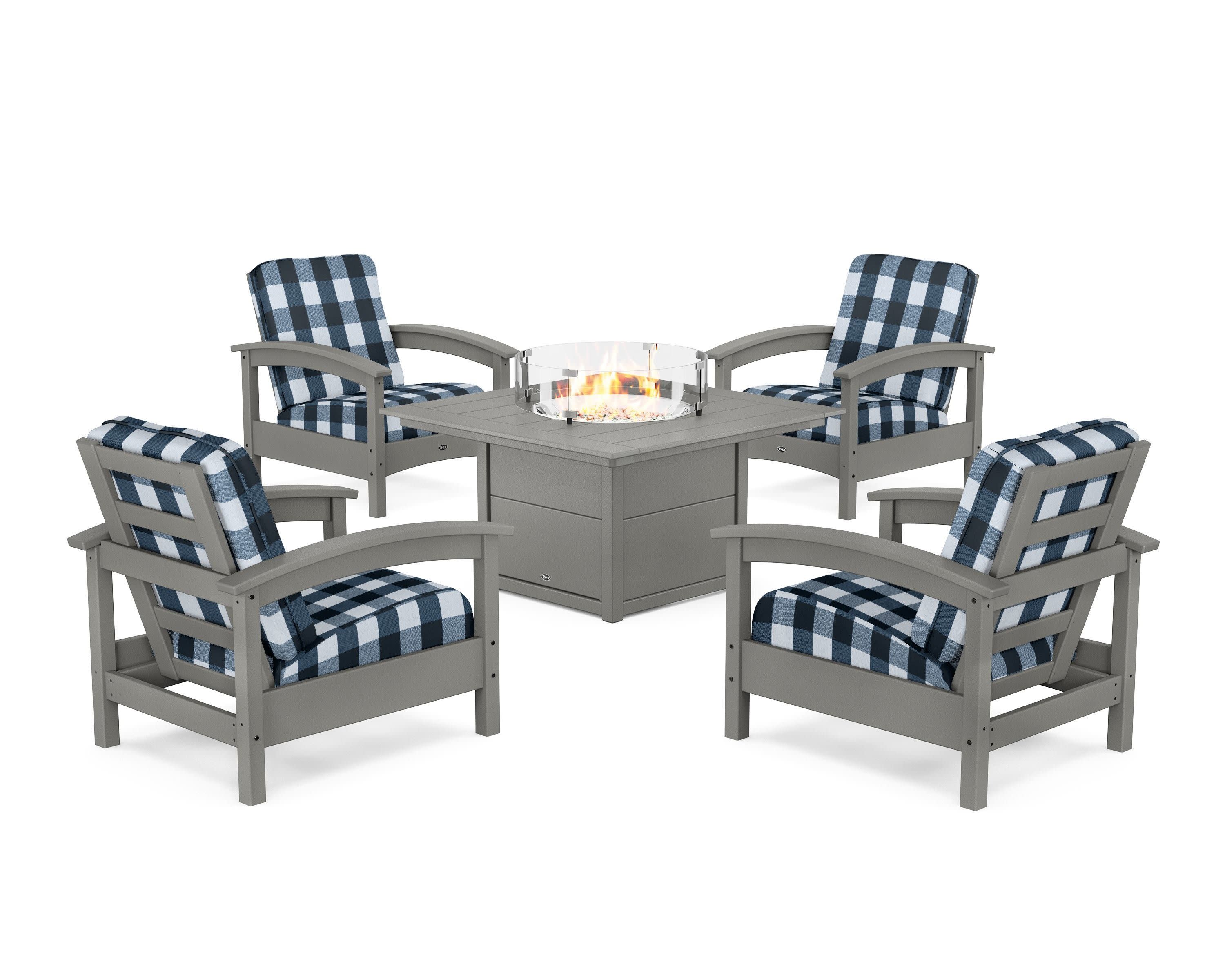 Rockport 5-Piece Deep Seating Set with Square Fire Pit Table in Stepping Stone / Buffalo Plaid Marine Indigo