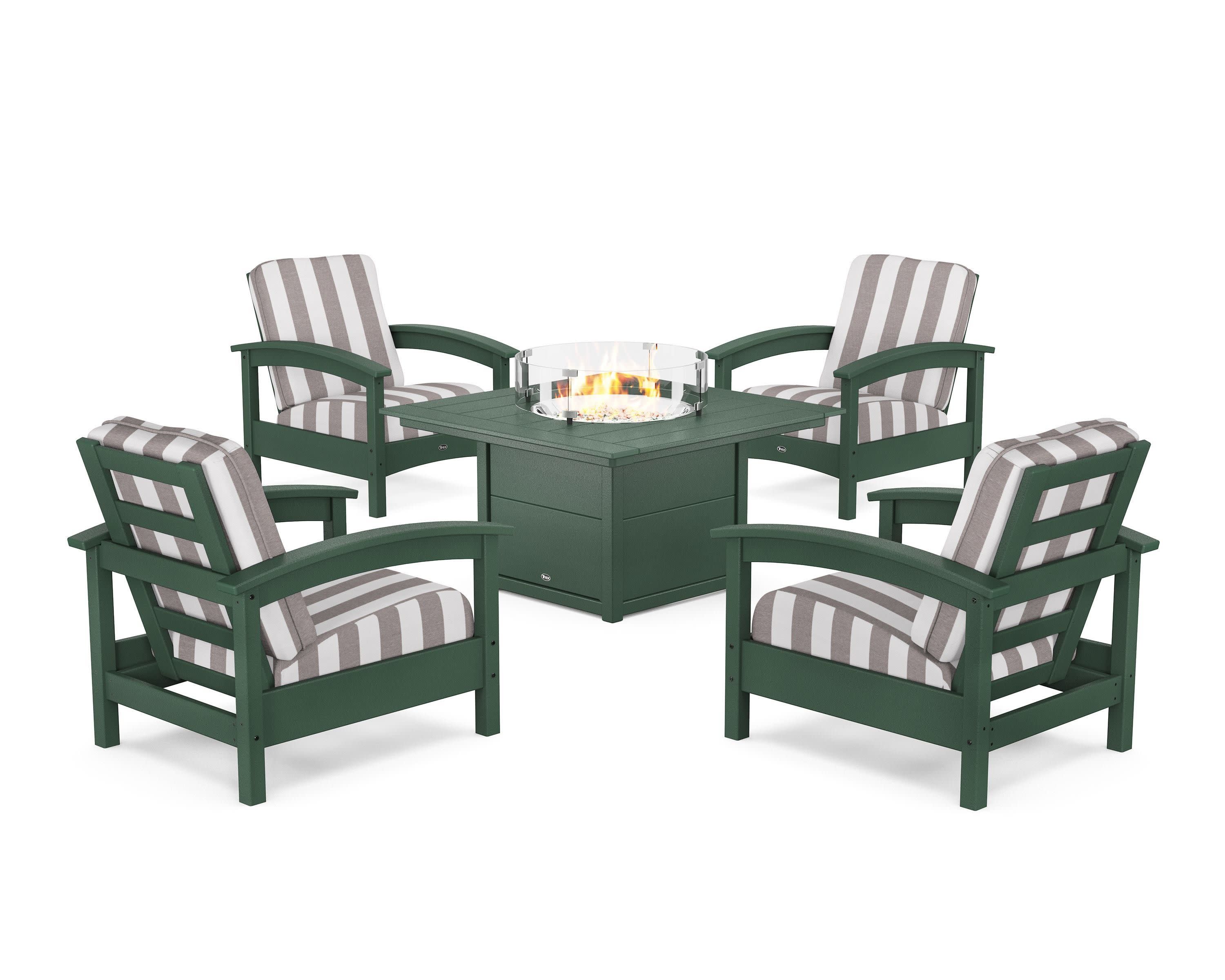 Rockport 5-Piece Deep Seating Set with Square Fire Pit Table in Rainforest Canopy / Cabana Stripe Grey Mist
