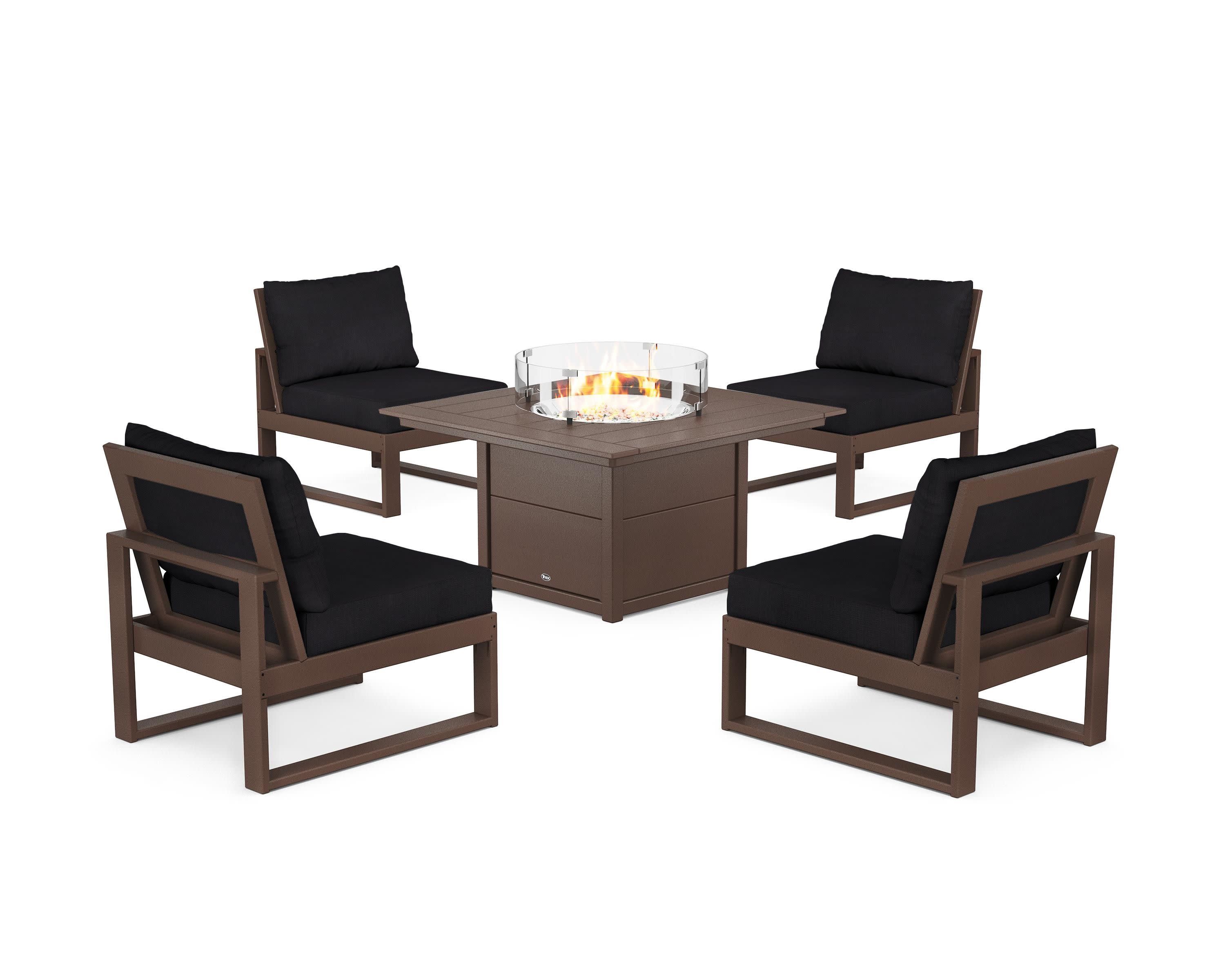 Eastport Modular 5-Piece Deep Seating Set with Square Fire Pit Table in Vintage Lantern / Midnight Linen