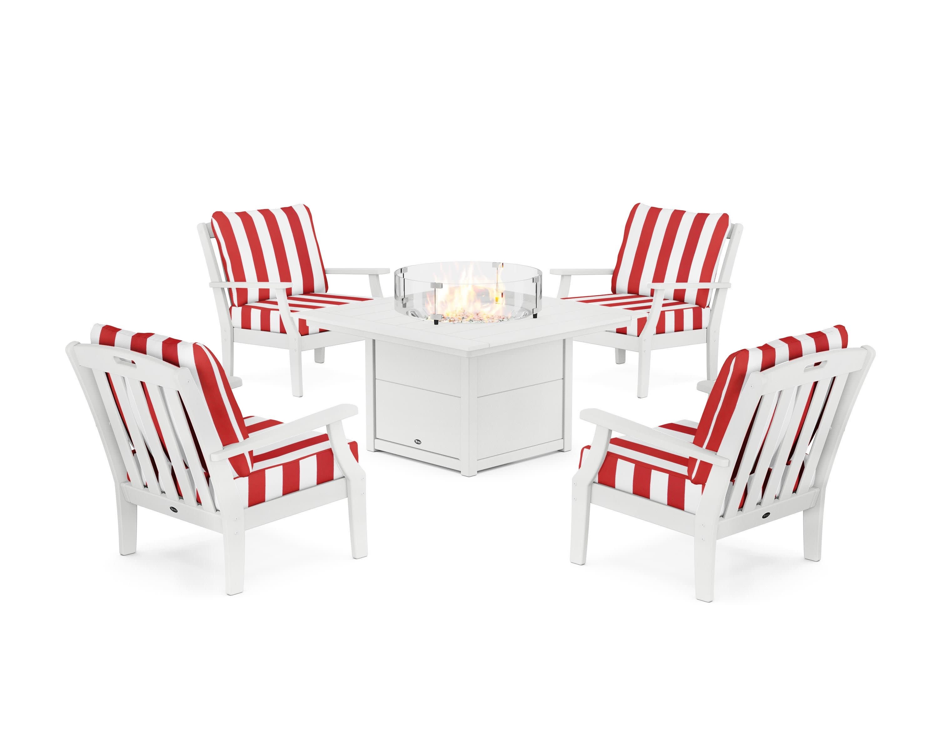 Yacht Club 5-Piece Deep Seating Set with Square Fire Pit Table in Classic White / Cabana Stripe Crimson