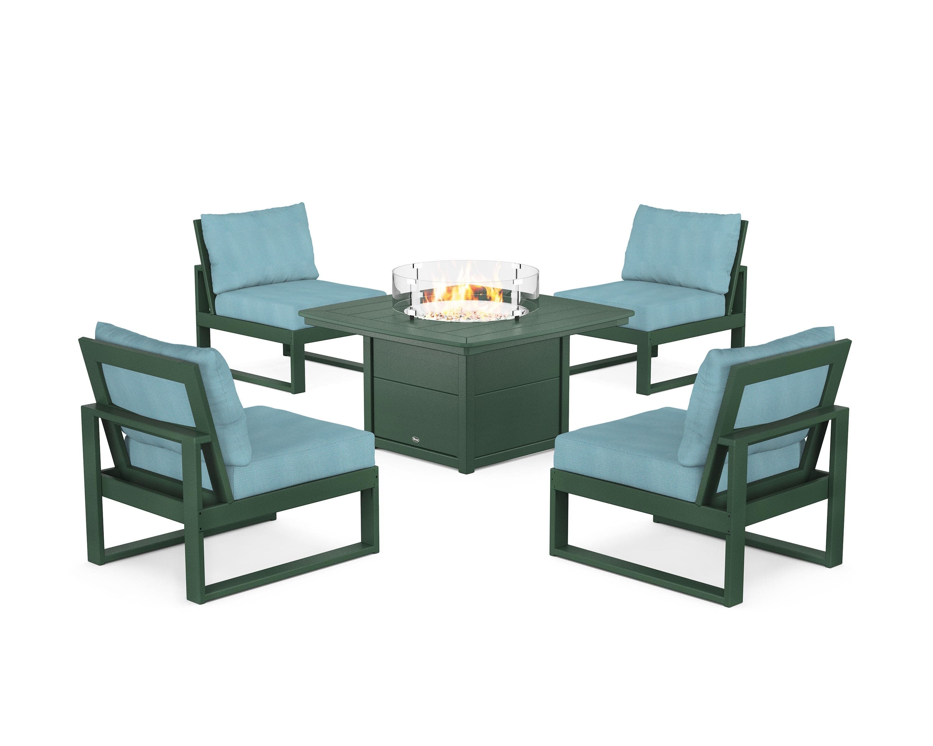 Eastport Modular 5-Piece Deep Seating Set with Yacht Club Fire Pit Table in Rainforest Canopy / Lattice Sky Blue