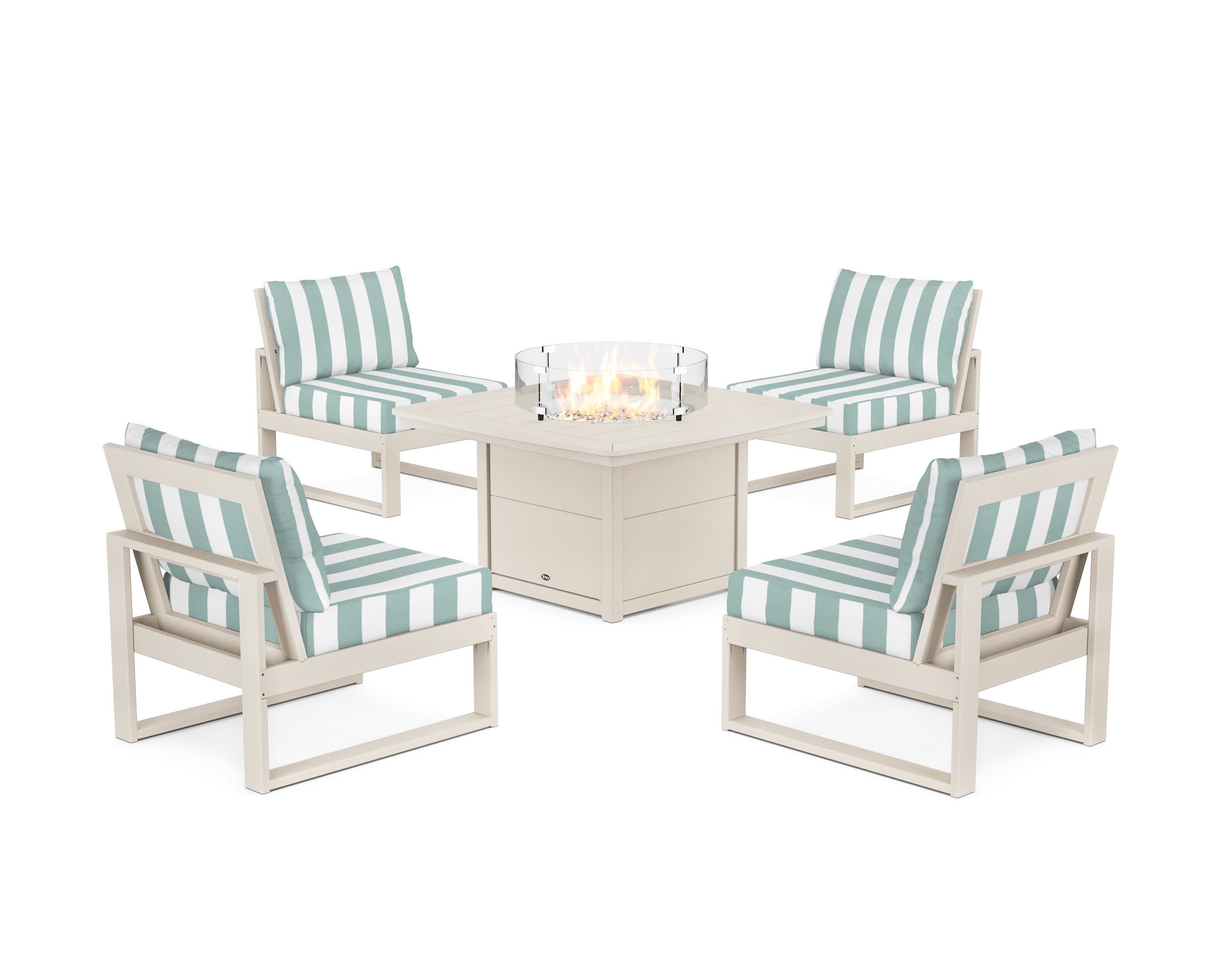 Eastport Modular 5-Piece Deep Seating Set with Yacht Club Fire Pit Table in Sand Castle / Cabana Stripe Glacier Spa