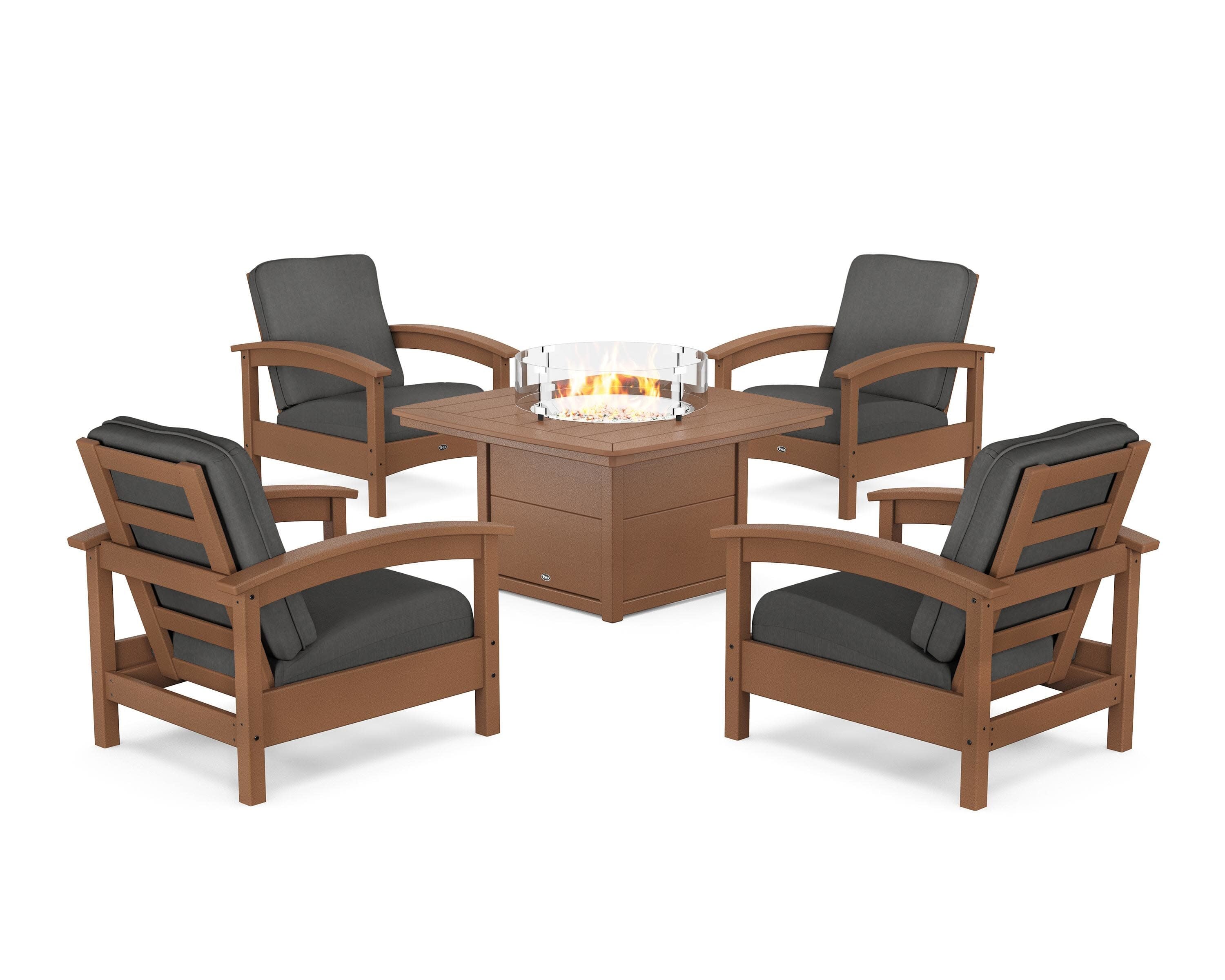 Rockport 5-Piece Deep Seating Set with Yacht Club Fire Pit Table in Tree House / Spectrum Carbon