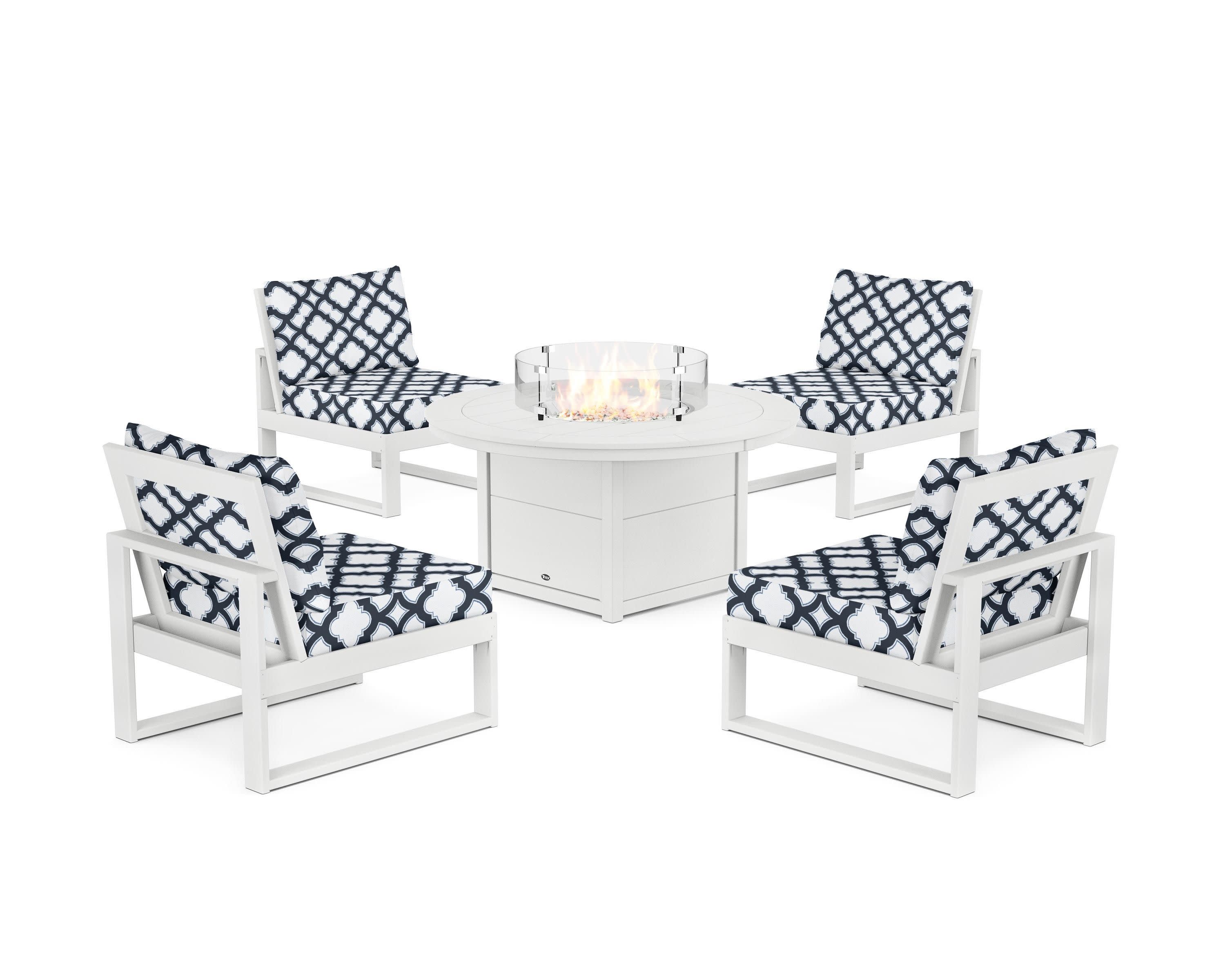 Eastport Modular 5-Piece Deep Seating Set with Round Fire Pit Table in Classic White / Trellis Marine Indigo