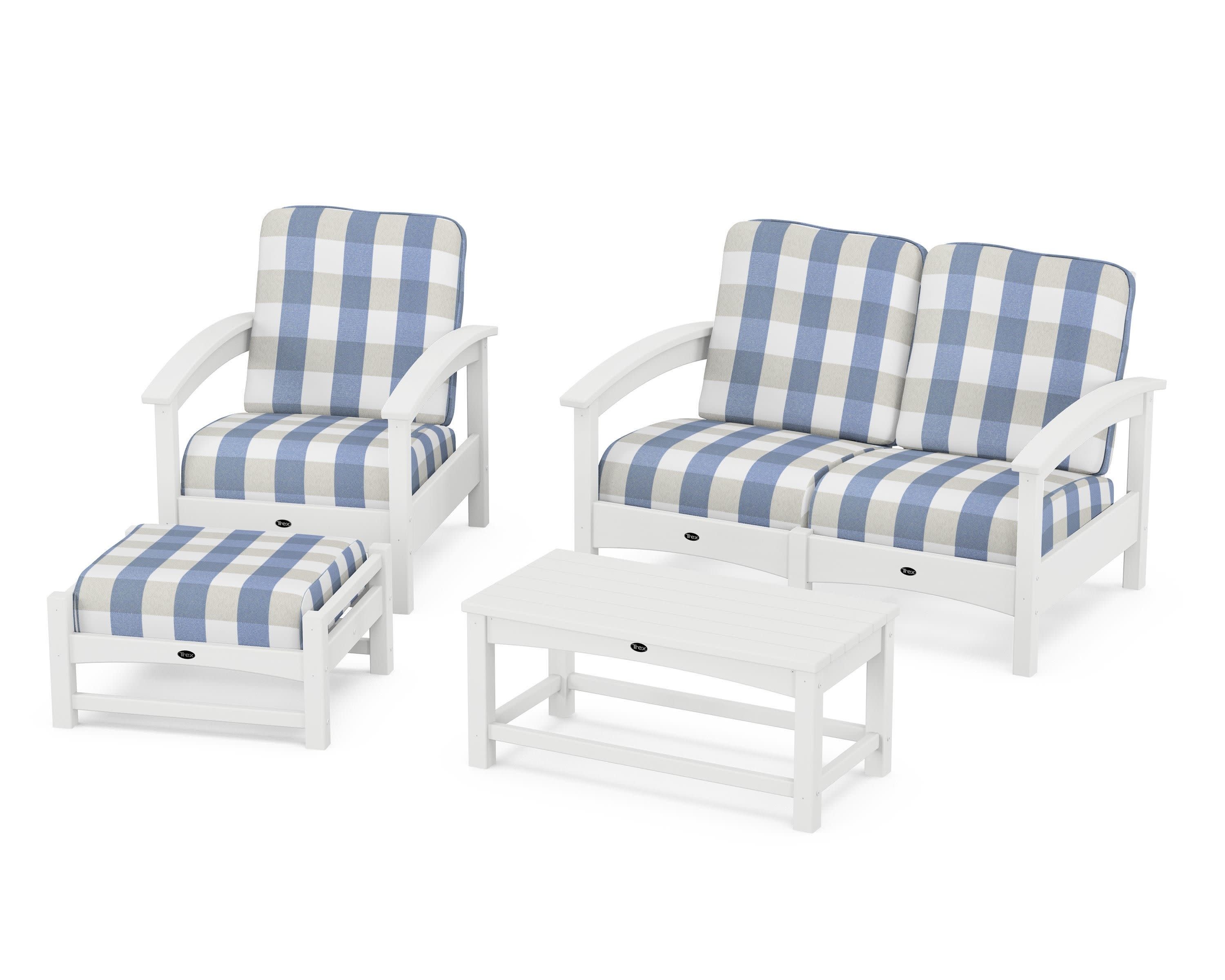 Rockport 4-Piece Deep Seating Conversation Group in Classic White / Buffalo Plaid Sky Blue