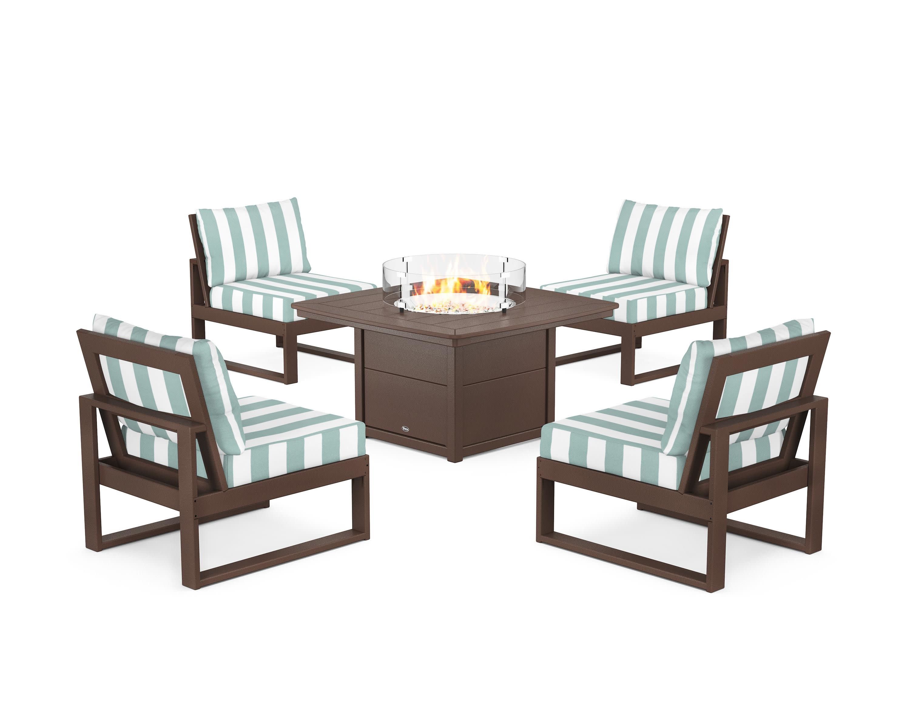 Eastport Modular 5-Piece Deep Seating Set with Yacht Club Fire Pit Table in Vintage Lantern / Cabana Stripe Glacier Spa