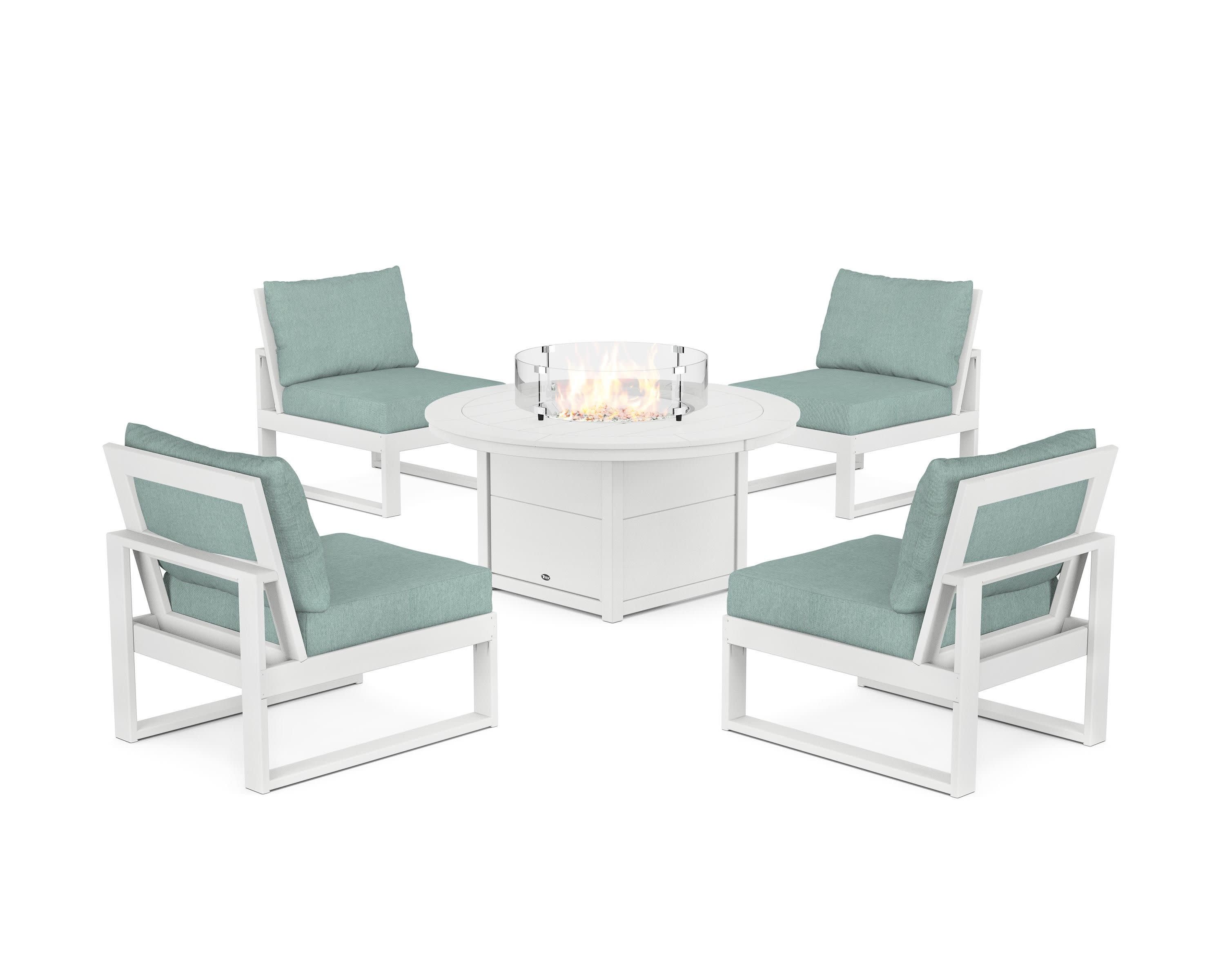 Eastport Modular 5-Piece Deep Seating Set with Round Fire Pit Table in Classic White / Glacier Spa