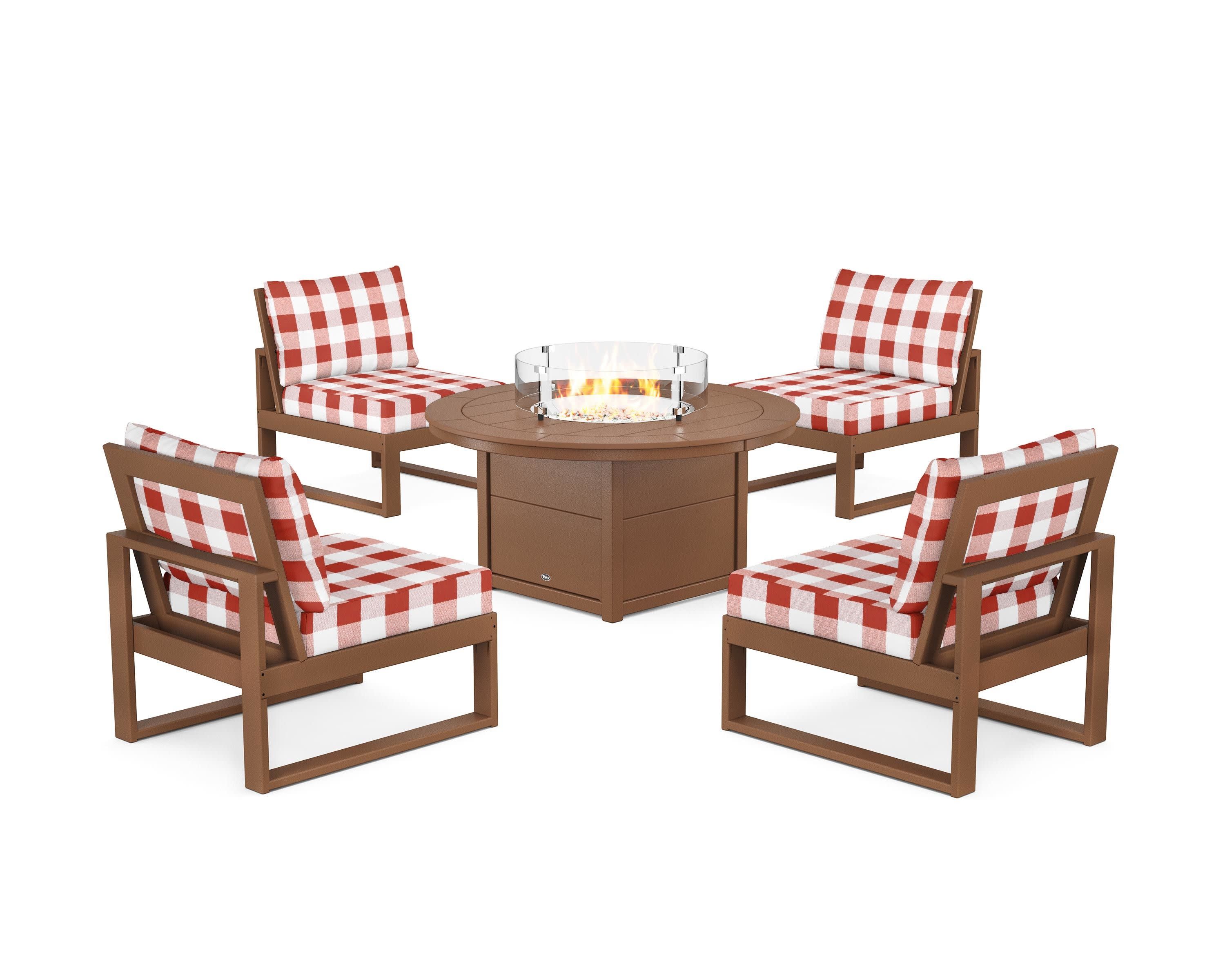 Eastport Modular 5-Piece Deep Seating Set with Round Fire Pit Table in Tree House / Buffalo Plaid Crimson