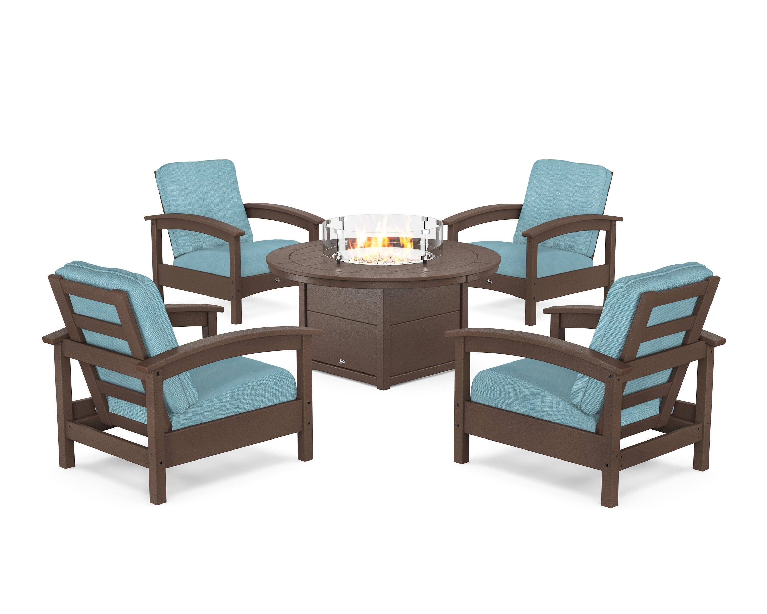 Rockport 5-Piece Deep Seating Set with Round Fire Pit Table in Vintage Lantern / Lattice Sky Blue