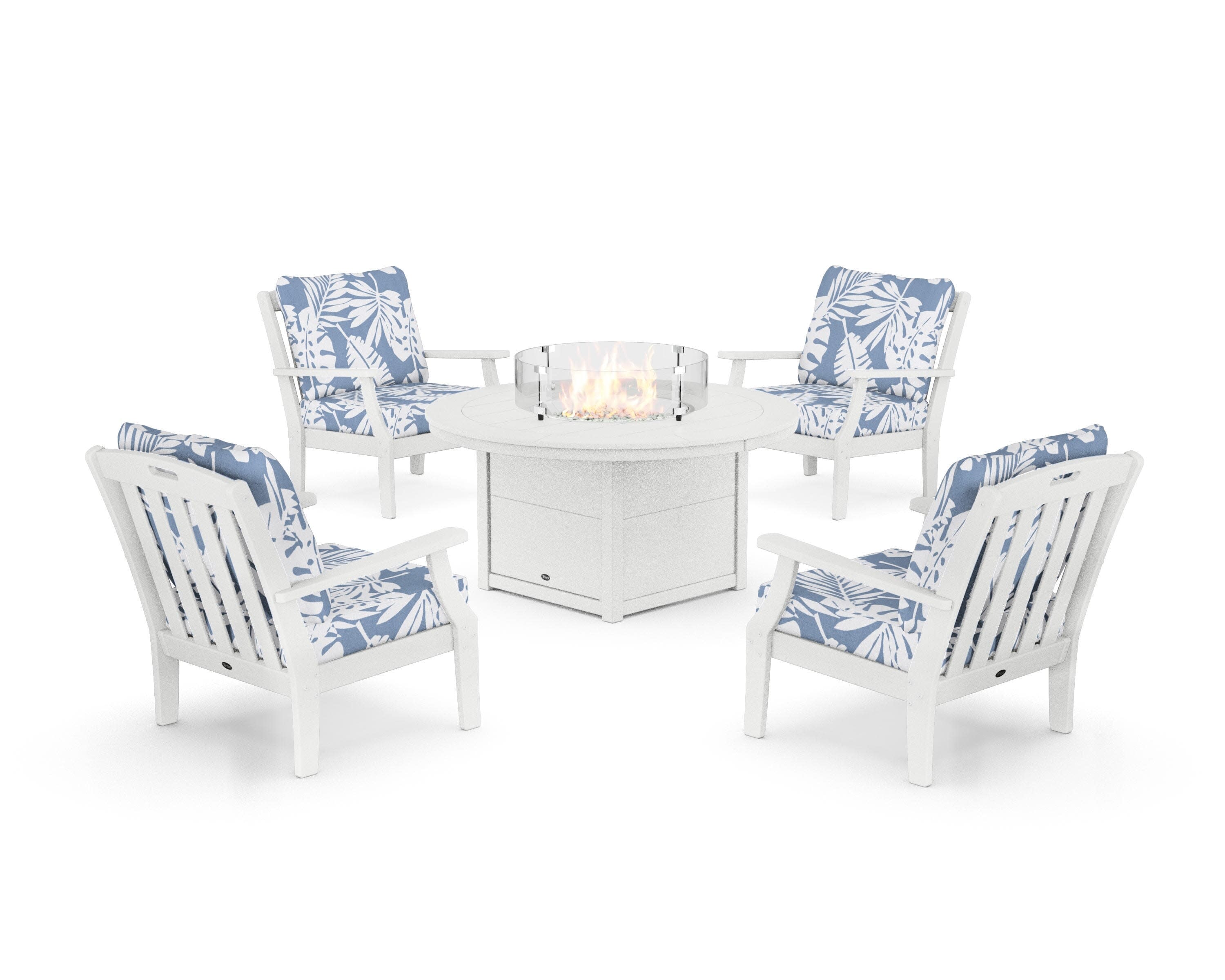 Yacht Club 5-Piece Deep Seating Set with Round Fire Pit Table in Classic White / Leaf Sky Blue