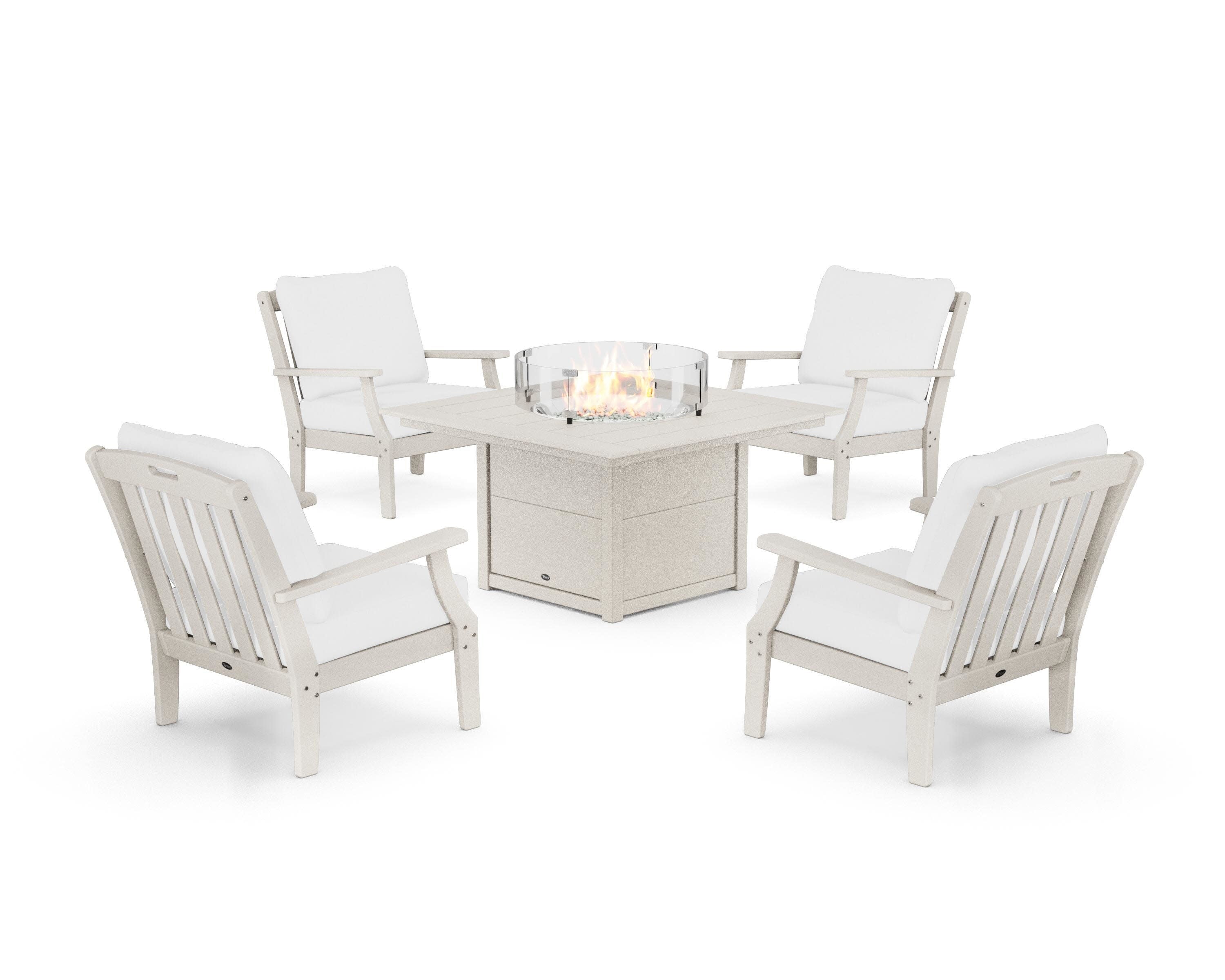 Yacht Club 5-Piece Deep Seating Set with Square Fire Pit Table in Sand Castle / Natural