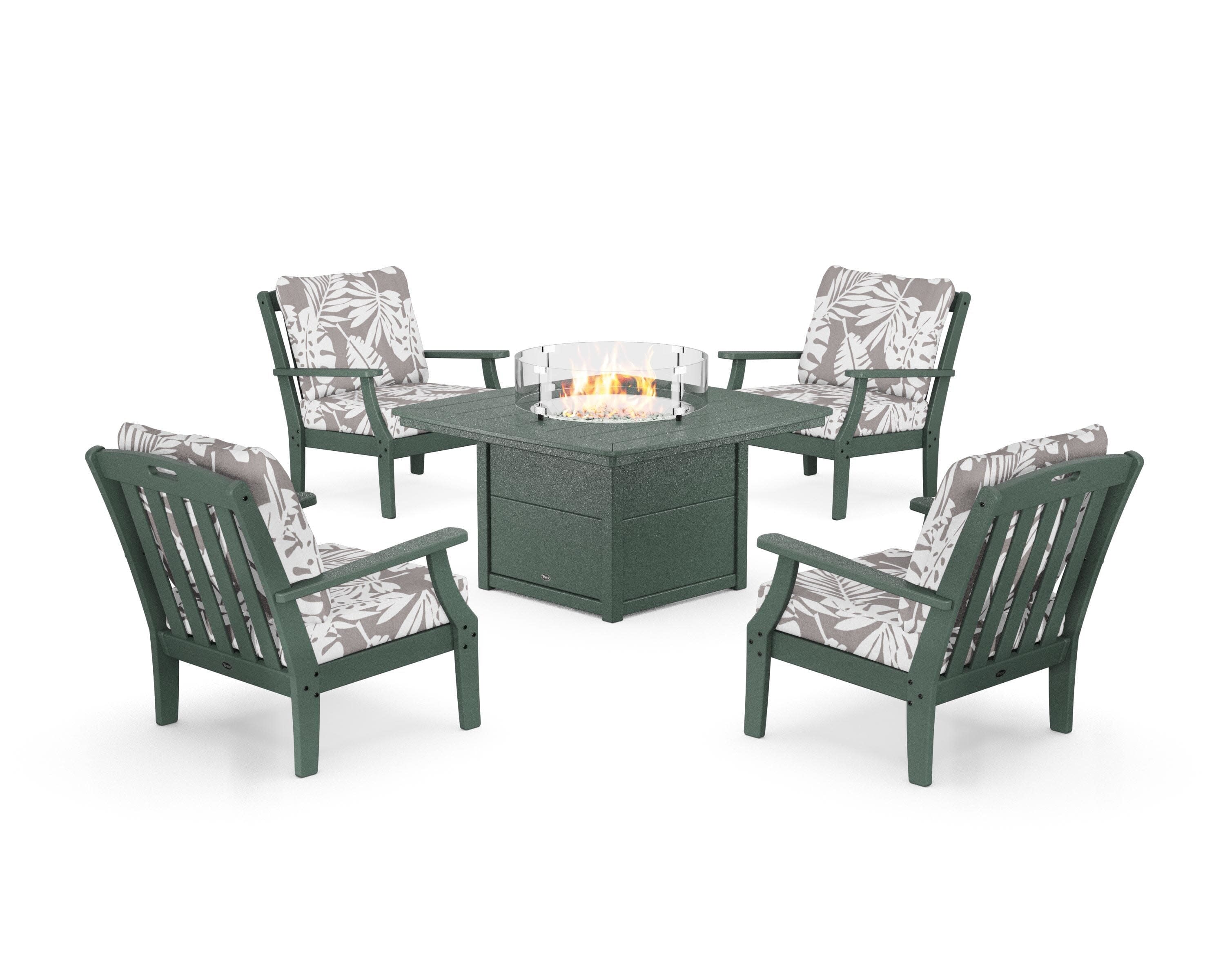 Yacht Club 5-Piece Deep Seating Set with Fire Pit Table in Rainforest Canopy / Leaf Grey Mist