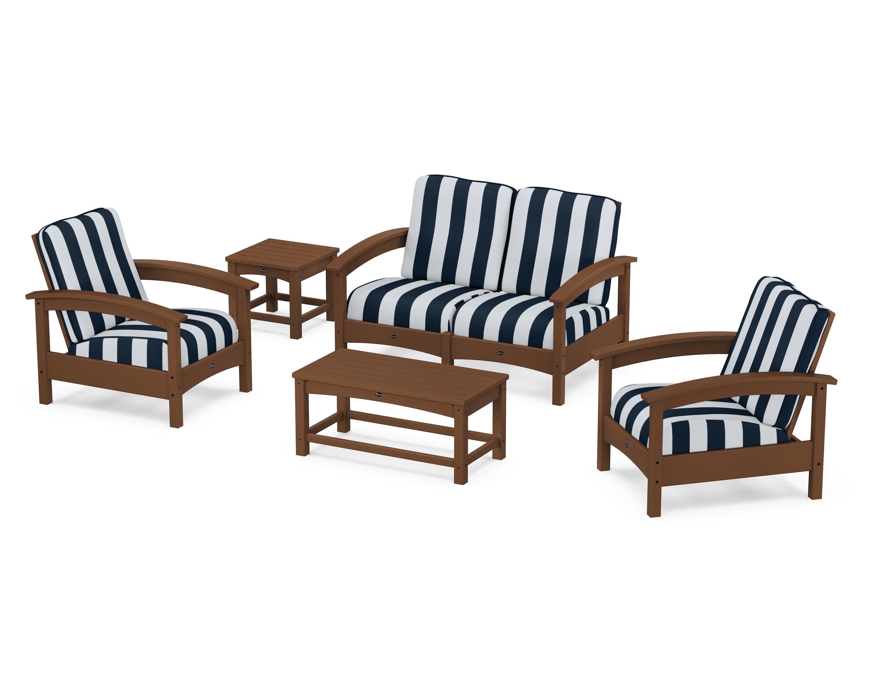 Rockport Club 6-Piece Deep Seating Conversation Set in Tree House / Cabana Stripe Marine Indigo