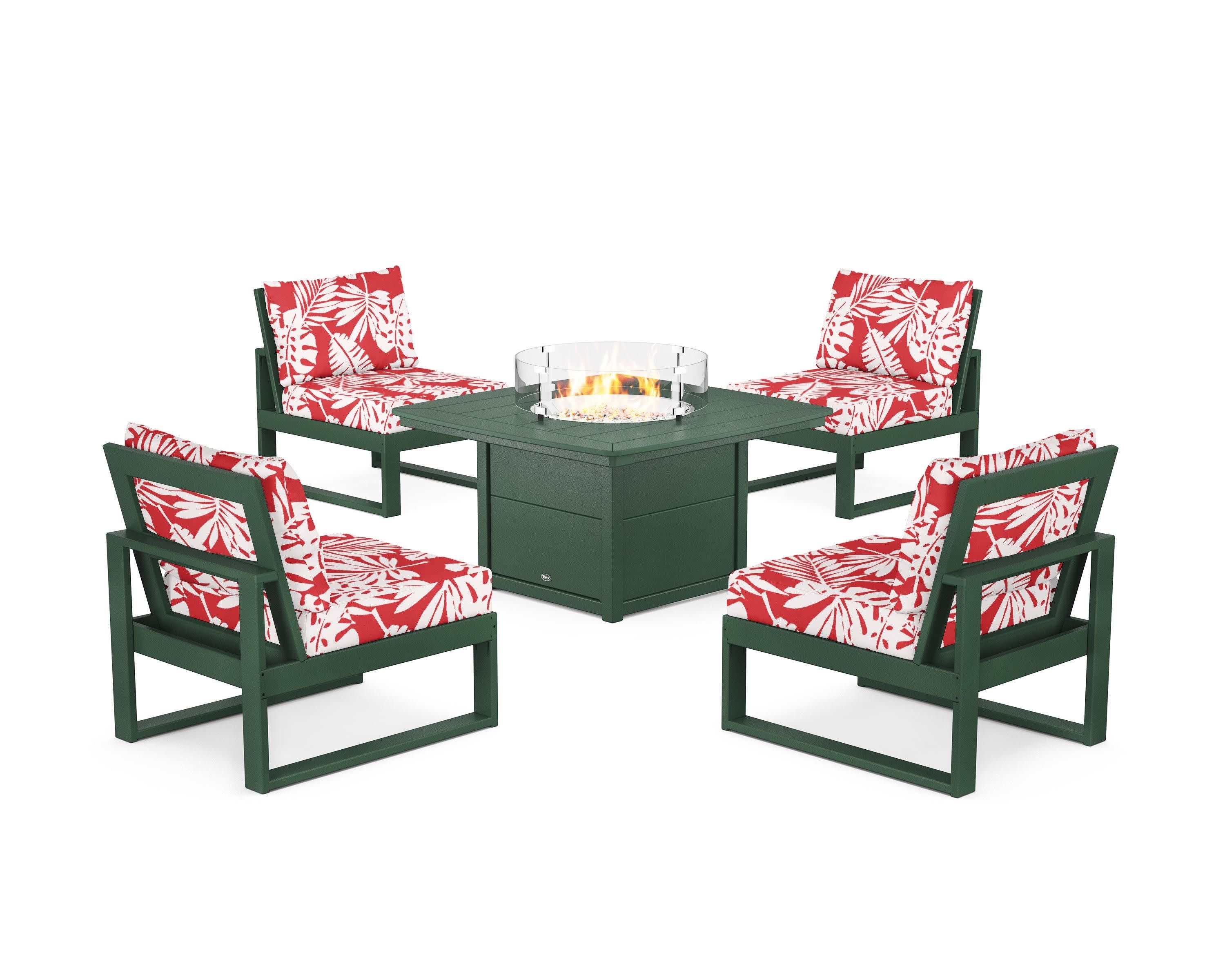 Eastport Modular 5-Piece Deep Seating Set with Yacht Club Fire Pit Table in Rainforest Canopy / Leaf Crimson