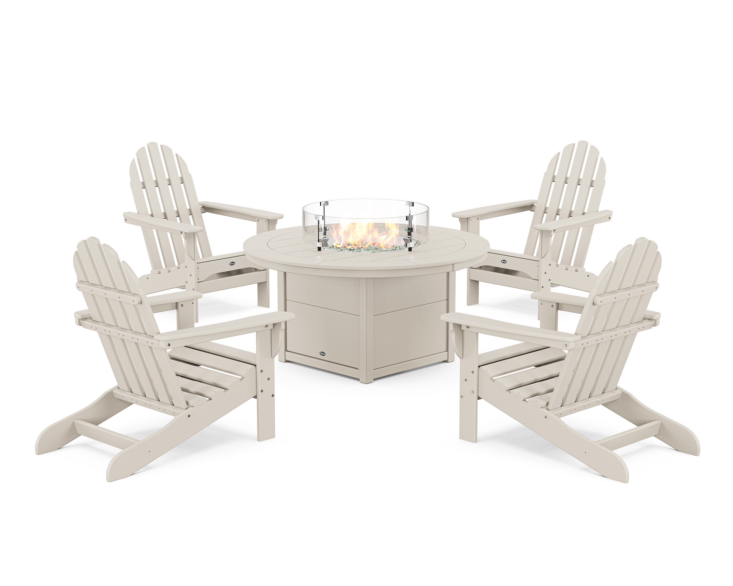 Cape Cod Adirondack 5-Piece Set with Round Fire Pit Table in Sand Castle