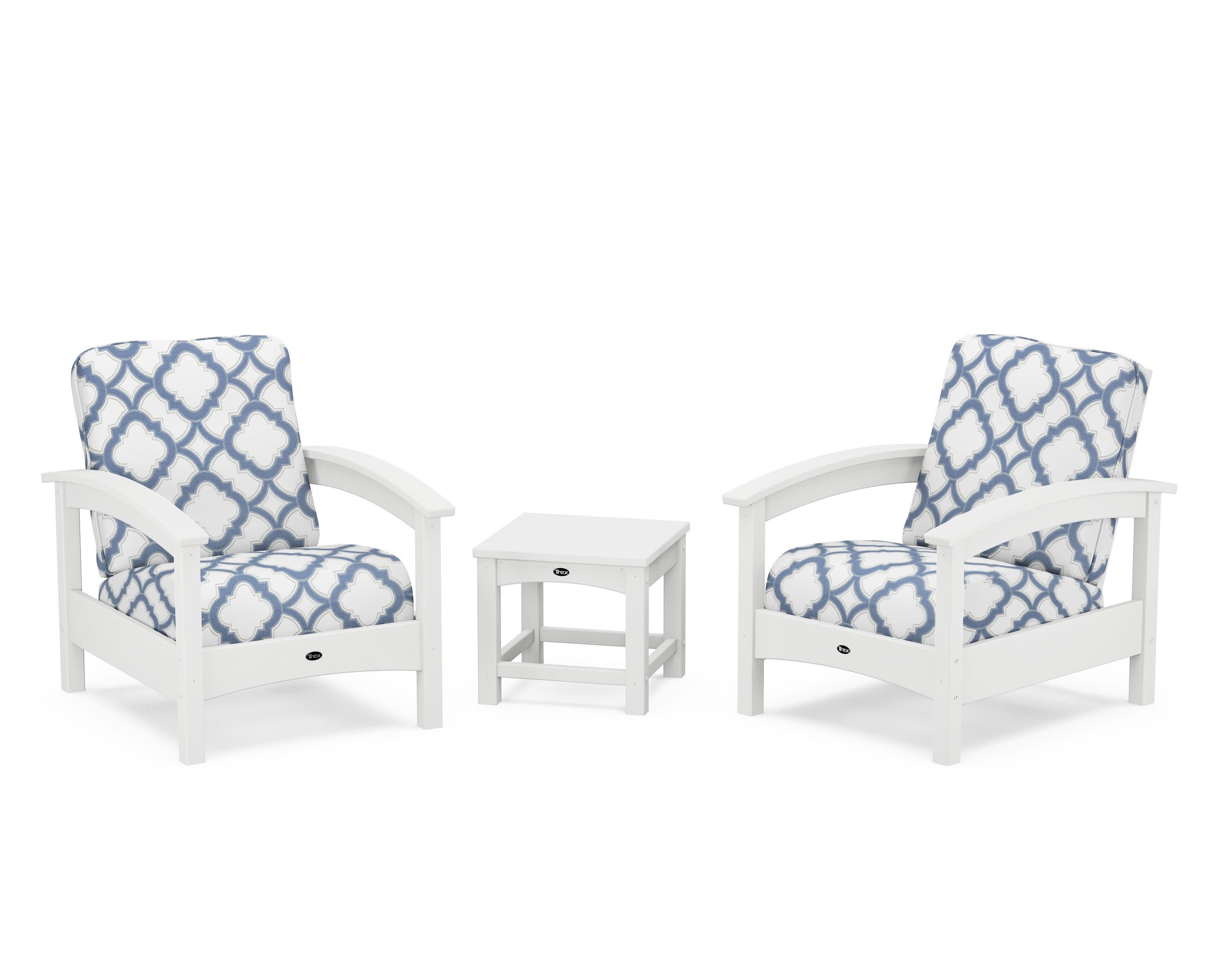 Rockport Club 3-Piece Deep Seating Conversation Set in Classic White / Trellis Sky Blue