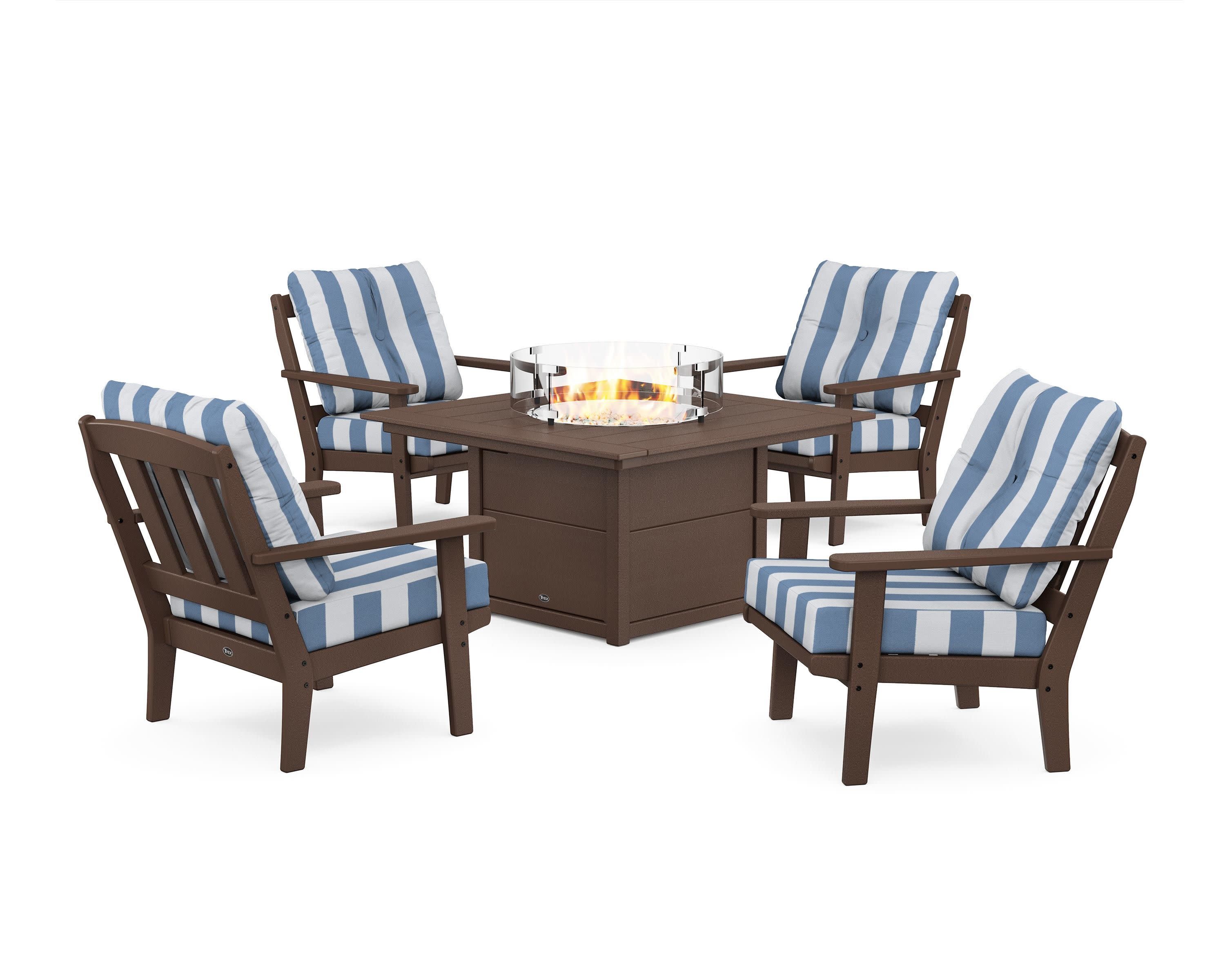Cape Cod 5-Piece Deep Seating Set with Fire Pit Table in Vintage Lantern / Cabana Stripe Sky Blue