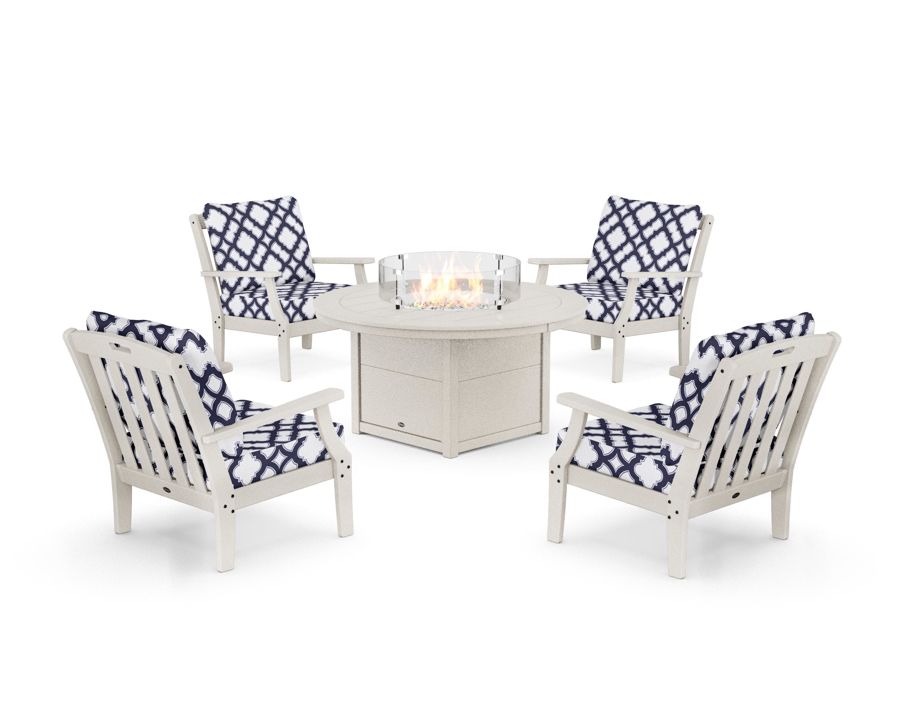 Yacht Club 5-Piece Deep Seating Set with Round Fire Pit Table in Sand Castle / Trellis Navy