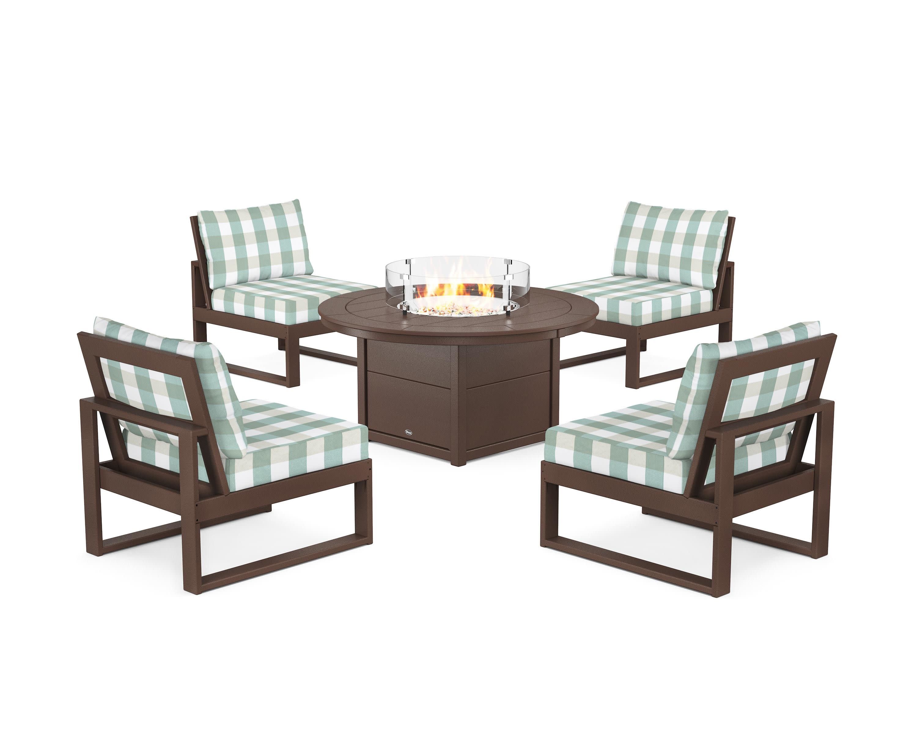 Eastport Modular 5-Piece Deep Seating Set with Round Fire Pit Table in Vintage Lantern / Buffalo Plaid Glacier Spa