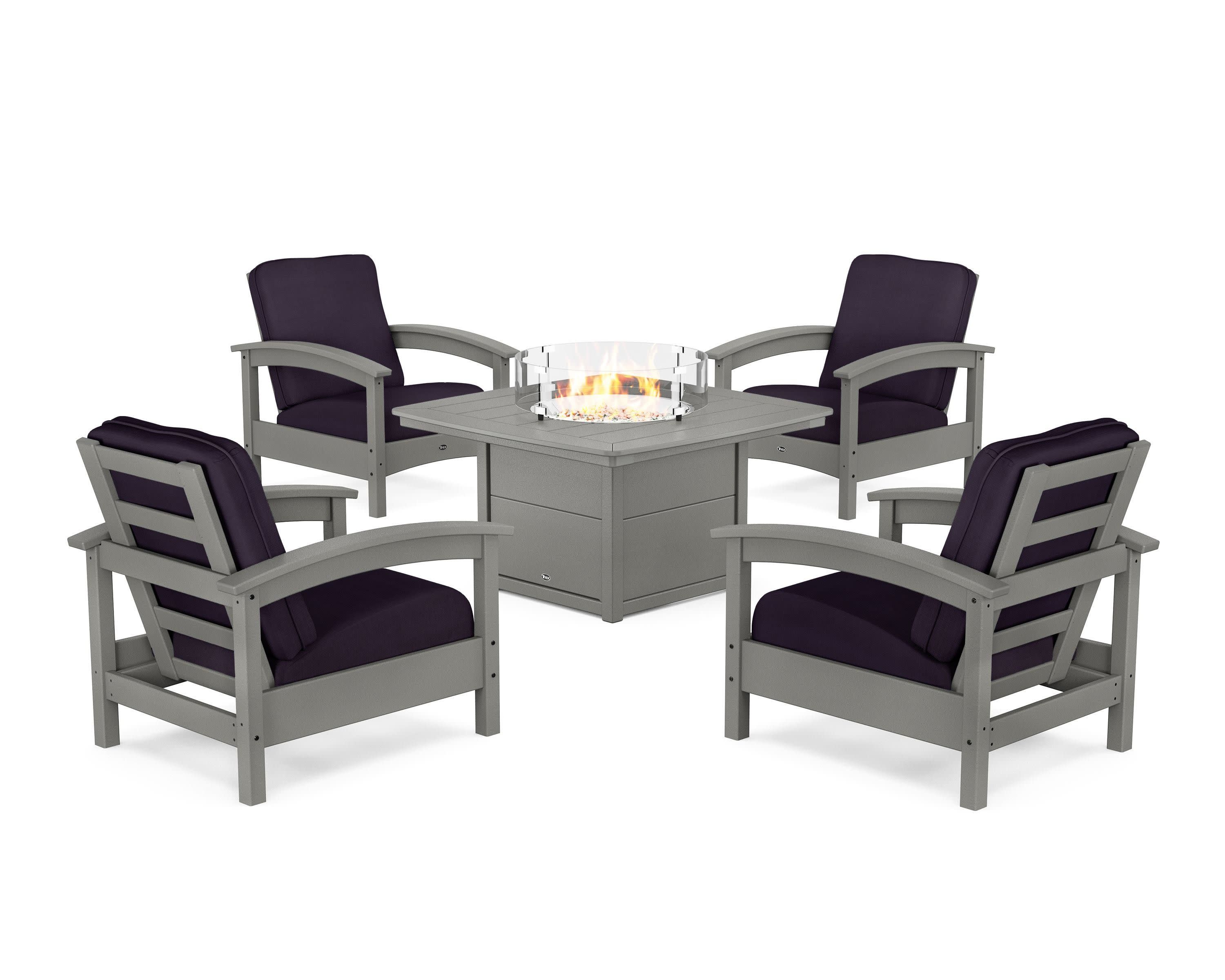 Rockport 5-Piece Deep Seating Set with Yacht Club Fire Pit Table in Stepping Stone / Navy Linen
