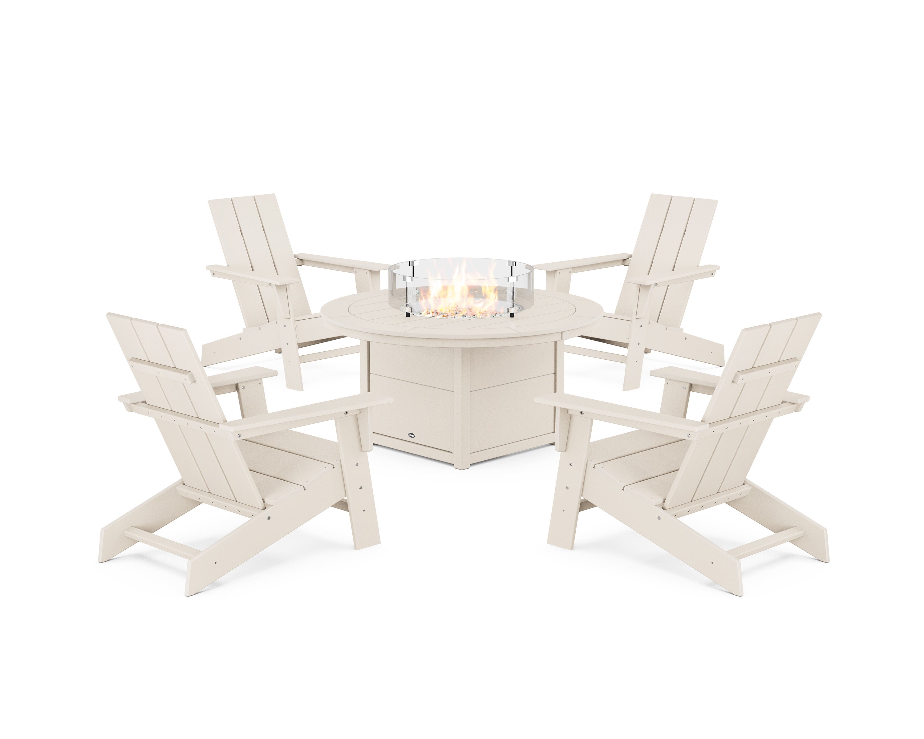 Eastport Modern Adirondack 5-Piece Set with Round Fire Pit Table in Sand Castle