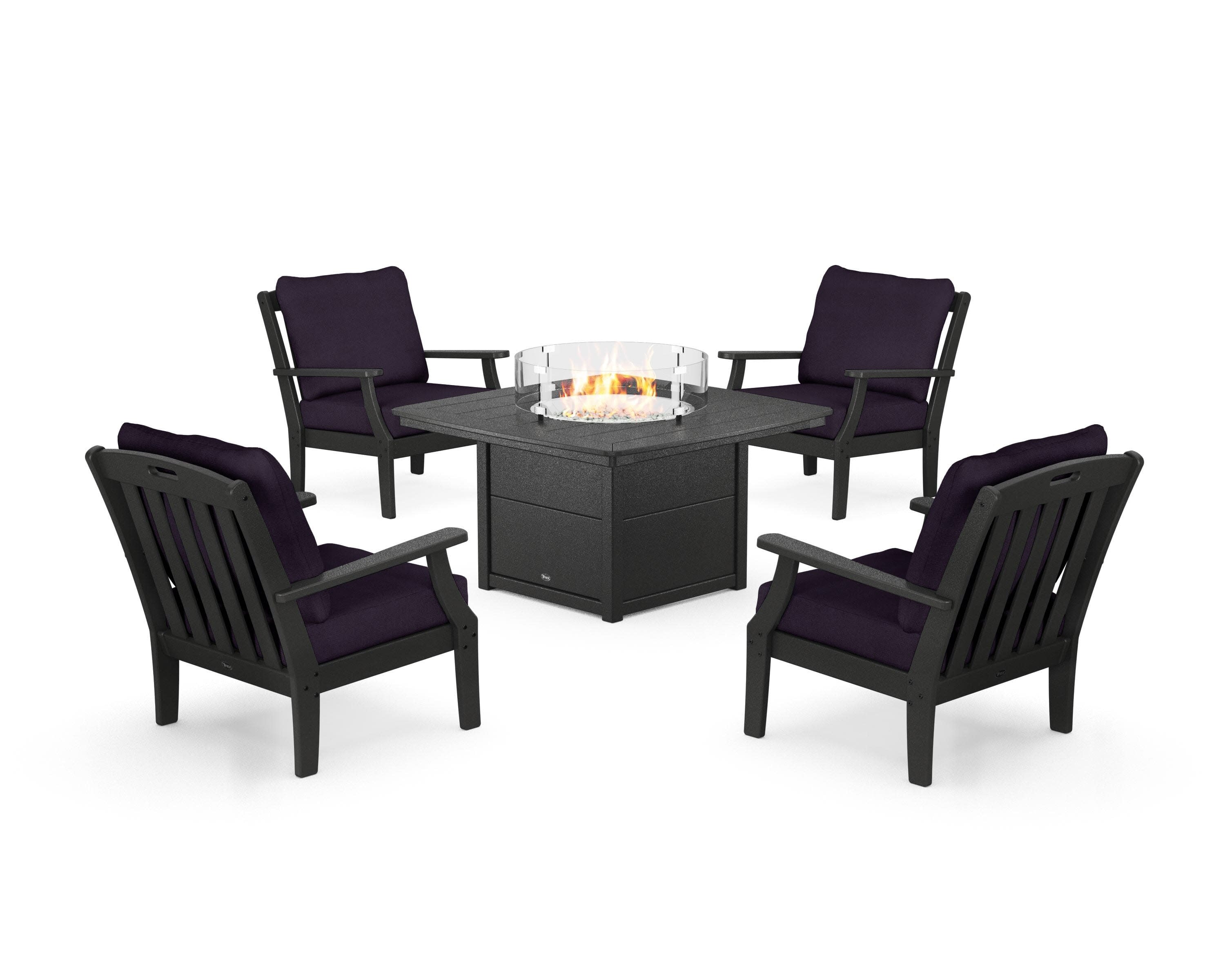 Yacht Club 5-Piece Deep Seating Set with Fire Pit Table in Charcoal Black / Navy Linen