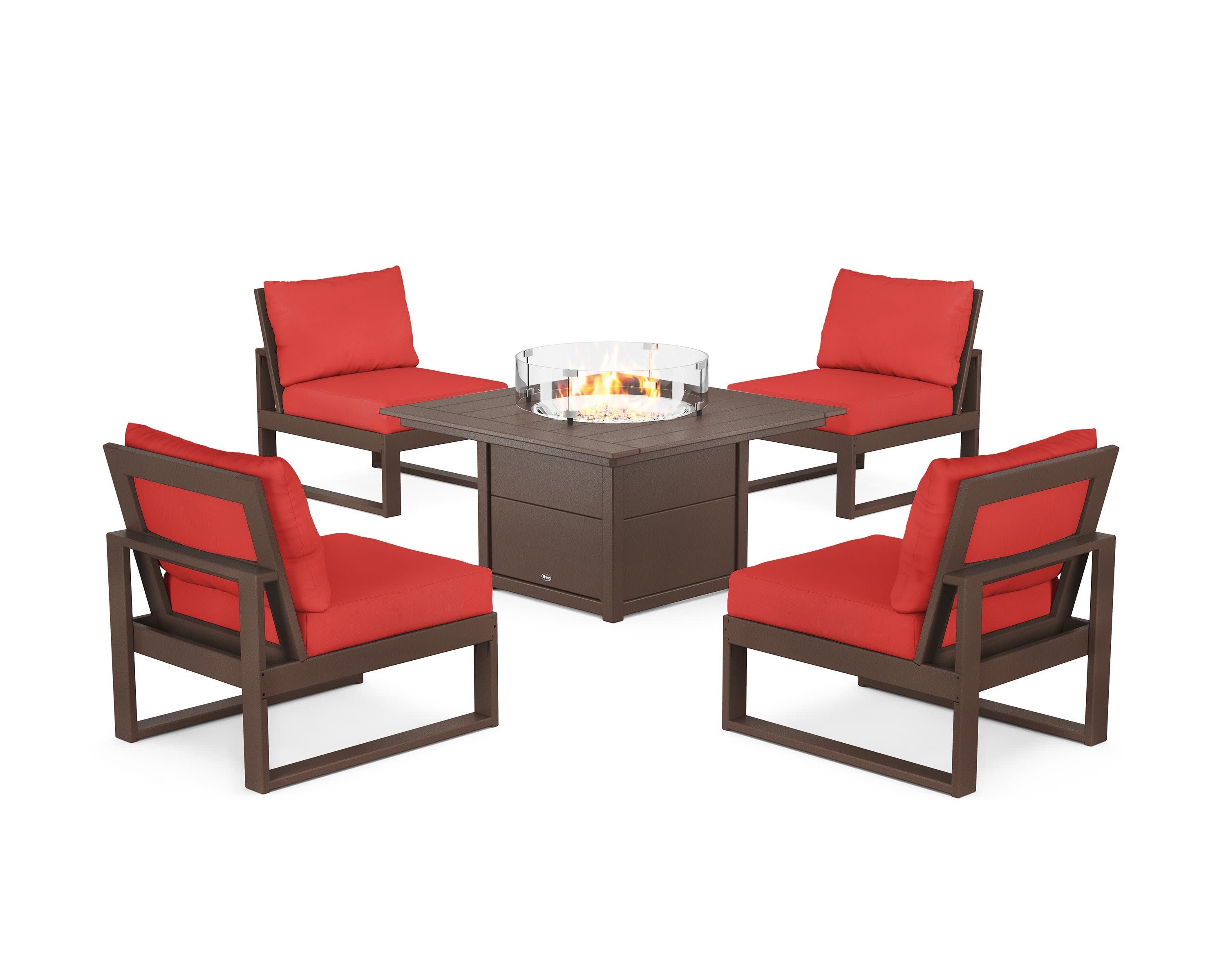 Eastport Modular 5-Piece Deep Seating Set with Square Fire Pit Table in Vintage Lantern / Crimson Linen