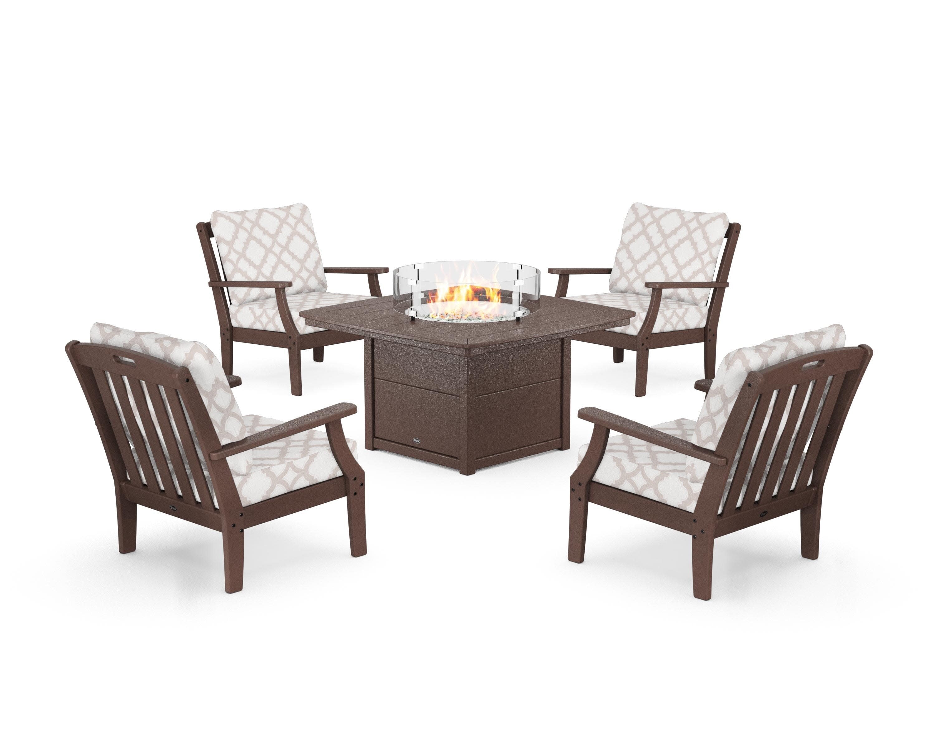 Yacht Club 5-Piece Deep Seating Set with Fire Pit Table in Vintage Lantern / Trellis Dune Burlap