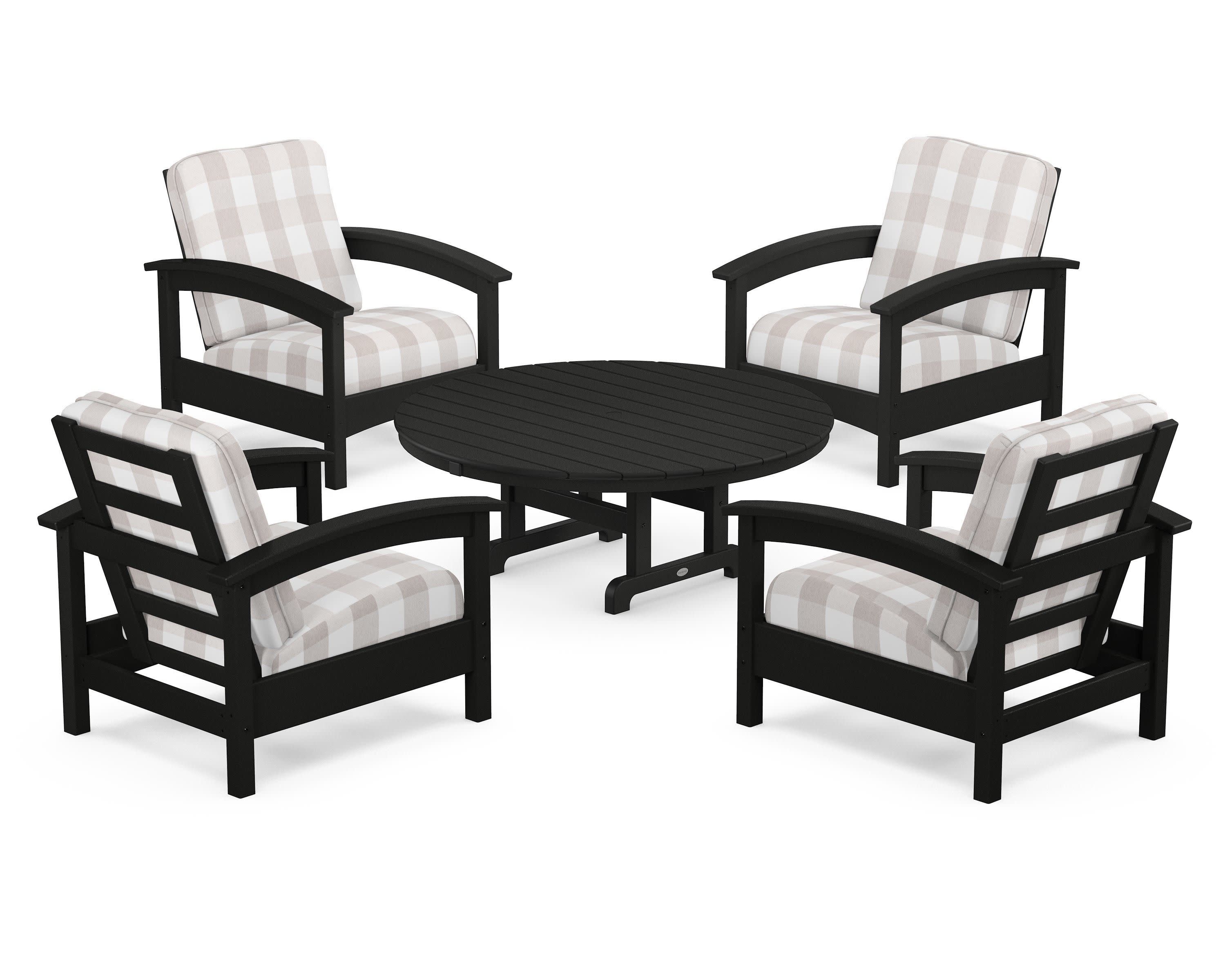 Rockport 5-Piece Deep Seating Set in Charcoal Black / Buffalo Plaid Dune Burlap