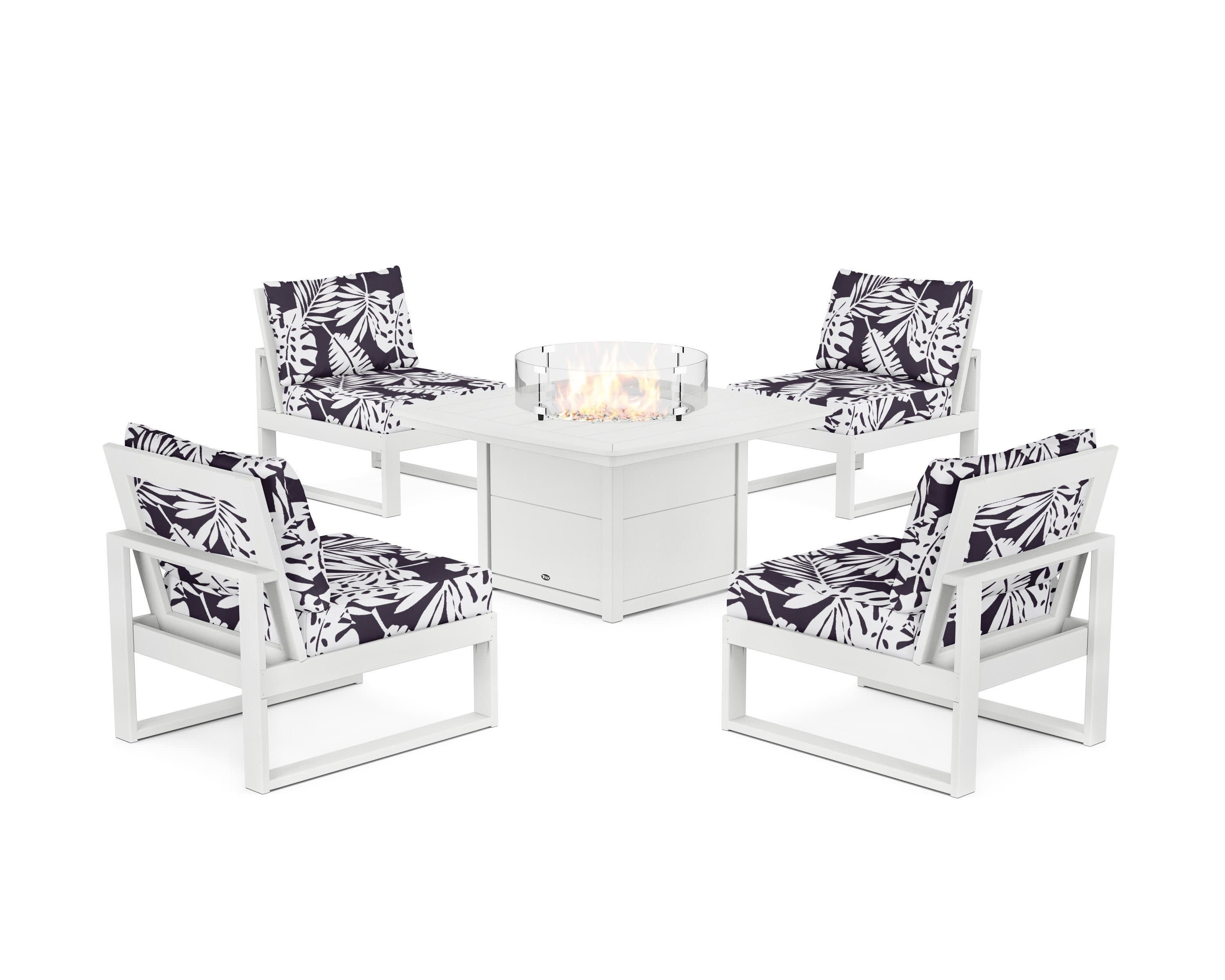 Eastport Modular 5-Piece Deep Seating Set with Yacht Club Fire Pit Table in Classic White / Leaf Navy