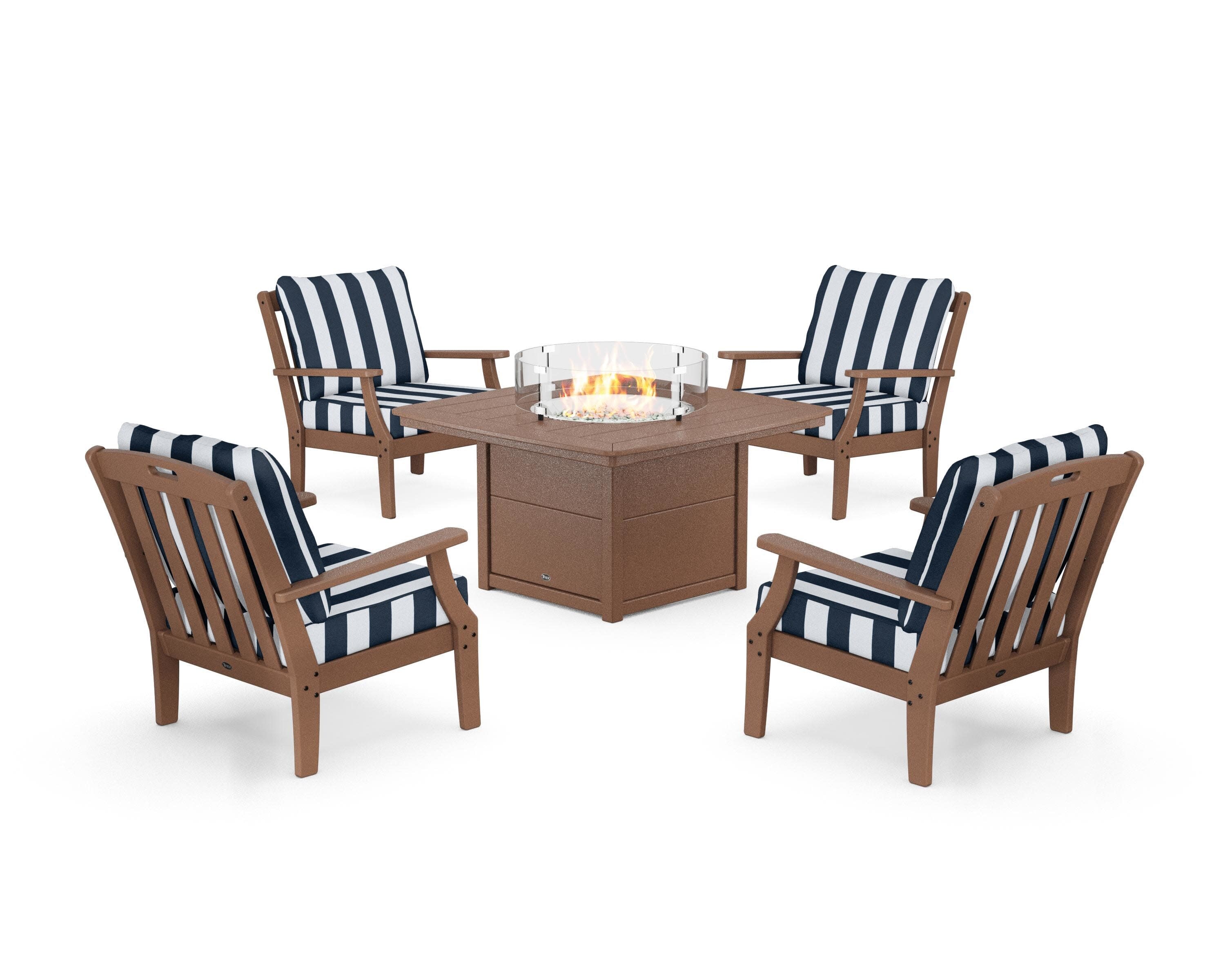 Yacht Club 5-Piece Deep Seating Set with Fire Pit Table in Tree House / Cabana Stripe Marine Indigo